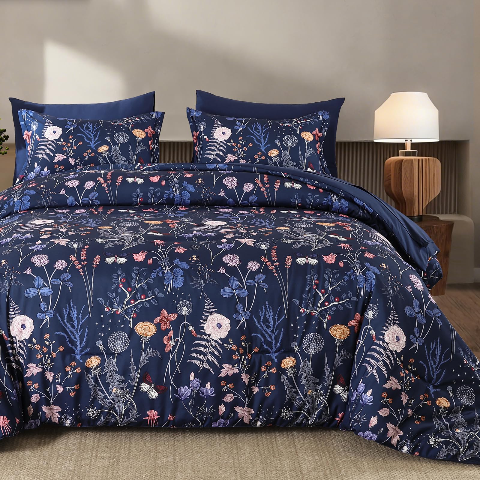 WONGS BEDDING Navy Blue Double Size Duvet Cover Set 3 Piece, Floral Bedding Set, Quilt Cover with Botanical Flowers Patterns, Soft Brushed Microfiber Bedding Cover with 2 Pillowcases, 200x200 cm
