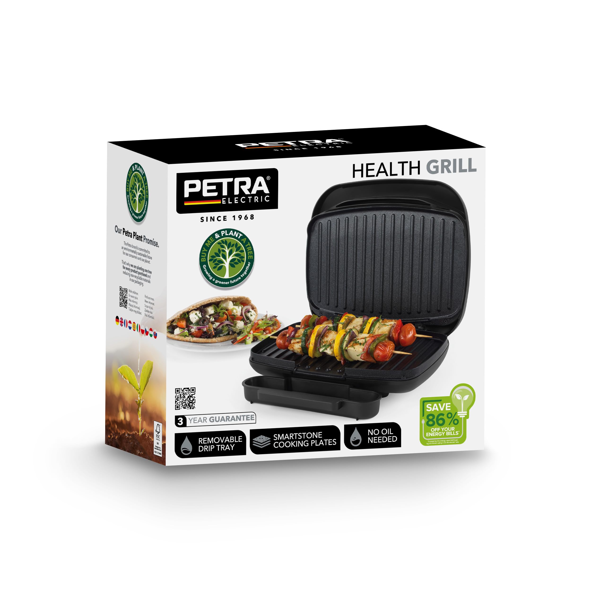 Petra PT4366MBLKVDE Gril de santé- Smartstone Plaque antiadhésive, commande de température automatique, pas d'huile nécessaire, bac de récupération amovible, compacte cuisson saine polyvalente