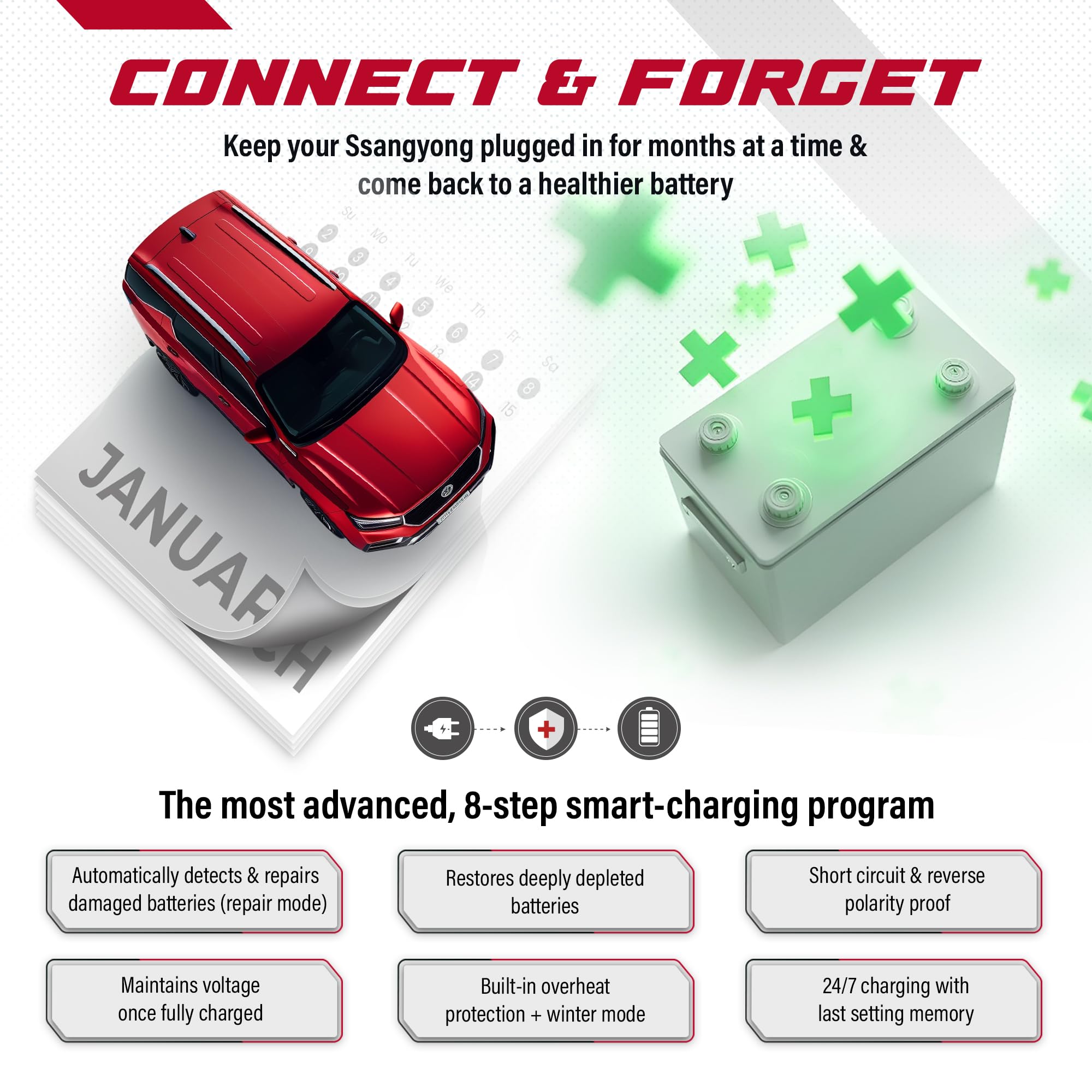 JMR Battery Charger for SsangYong Rexton Korando Tivoli XLV Actyon Chairman Musso Kyron Torres Rodius All Models Trickle Charger Conditioner Maintainer (No Lithium Mode)