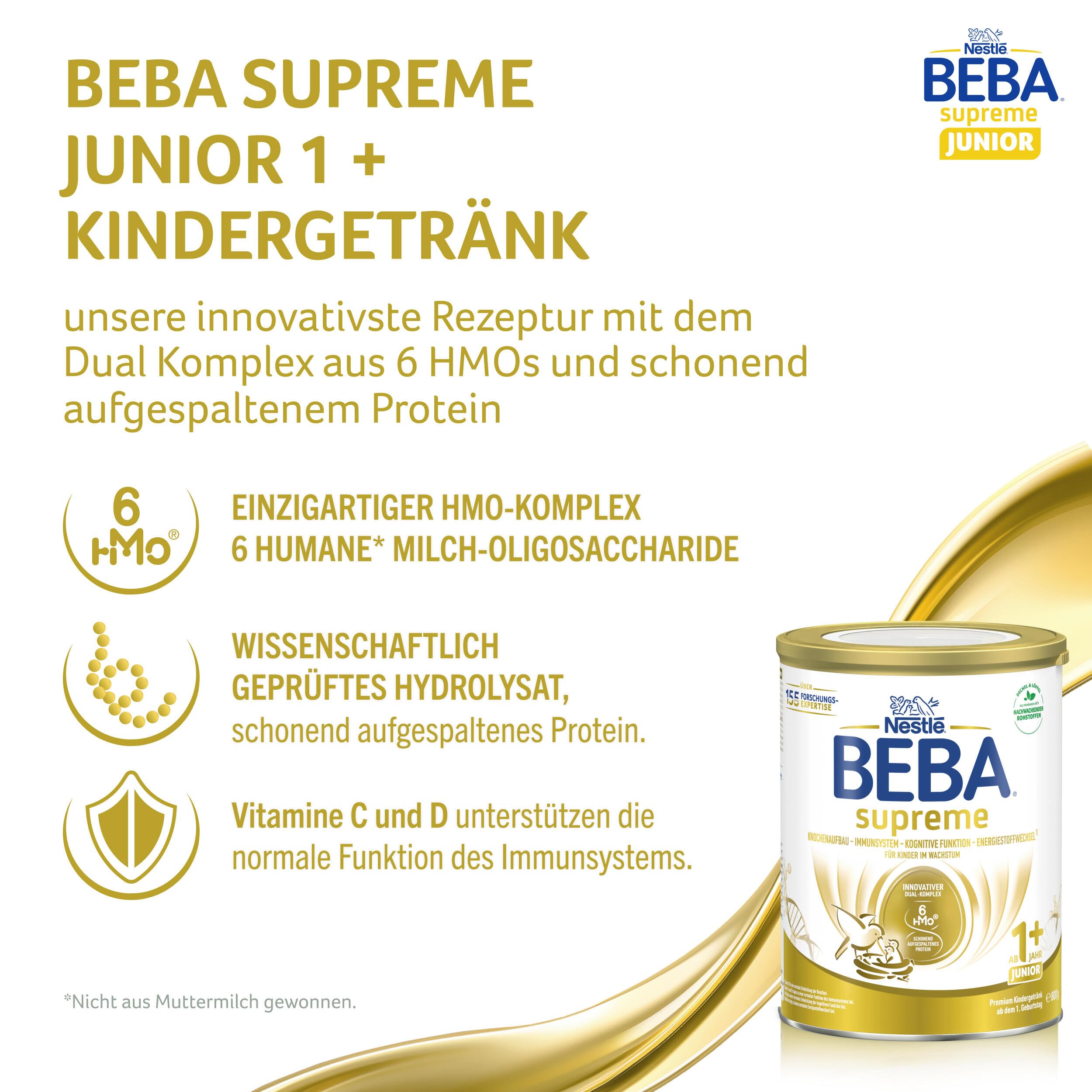 BEBA SUPREME JUNIOR 1 Plus - Kindergetränk ab dem 1. Geburtstag, Mit 6 HMO Komplex, Nur Laktose, Ohne Palmöl, Ohne Fischöl, Kleinkindnahrung, Baby-Milchpulver, 6er Pack (6 x 800g)
