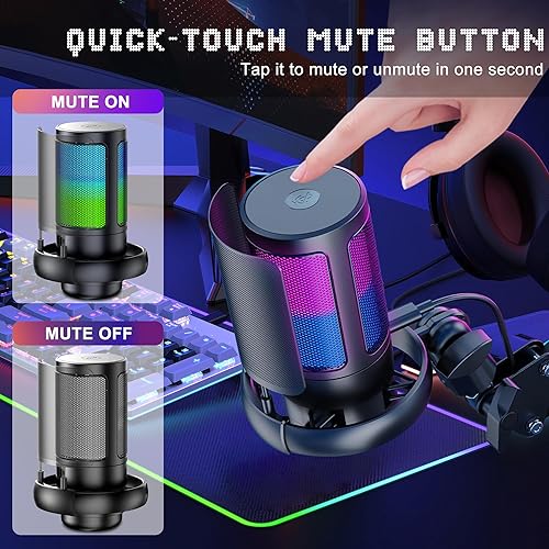 Miniatura 3 de KingSom Micrófono USB para juegos, micrófono condensador de cancelación de ruido con brazo de brazo RGB, micrófonos para podcast RGB para