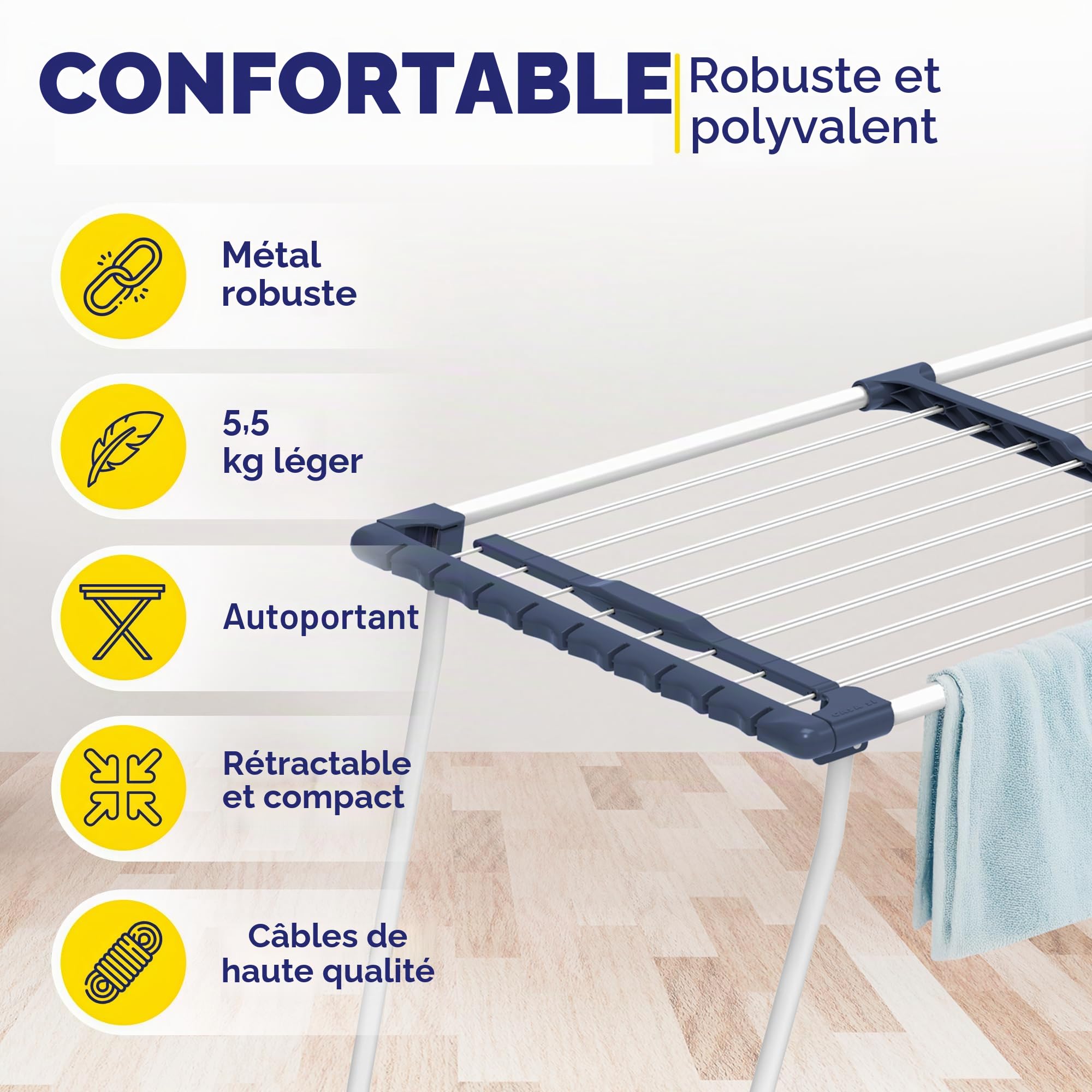 CasaSi® EasyFlex – Étendoir à linge extensible 20 m – extensible et peu encombrant – Étendoir à linge noir en acier allié pour vêtements et serviettes
