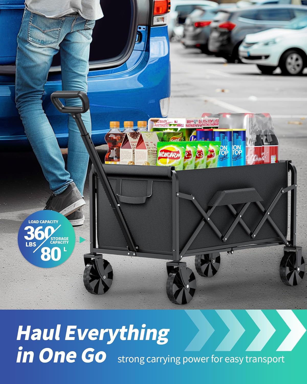 Kitsure Collapsible Wagon with Wheels, Foldable Dog Wagon Carts with 360lbs Load Capacity, Utility Shopping Cart, Black, 28.0" x 17.0" x 36.0"