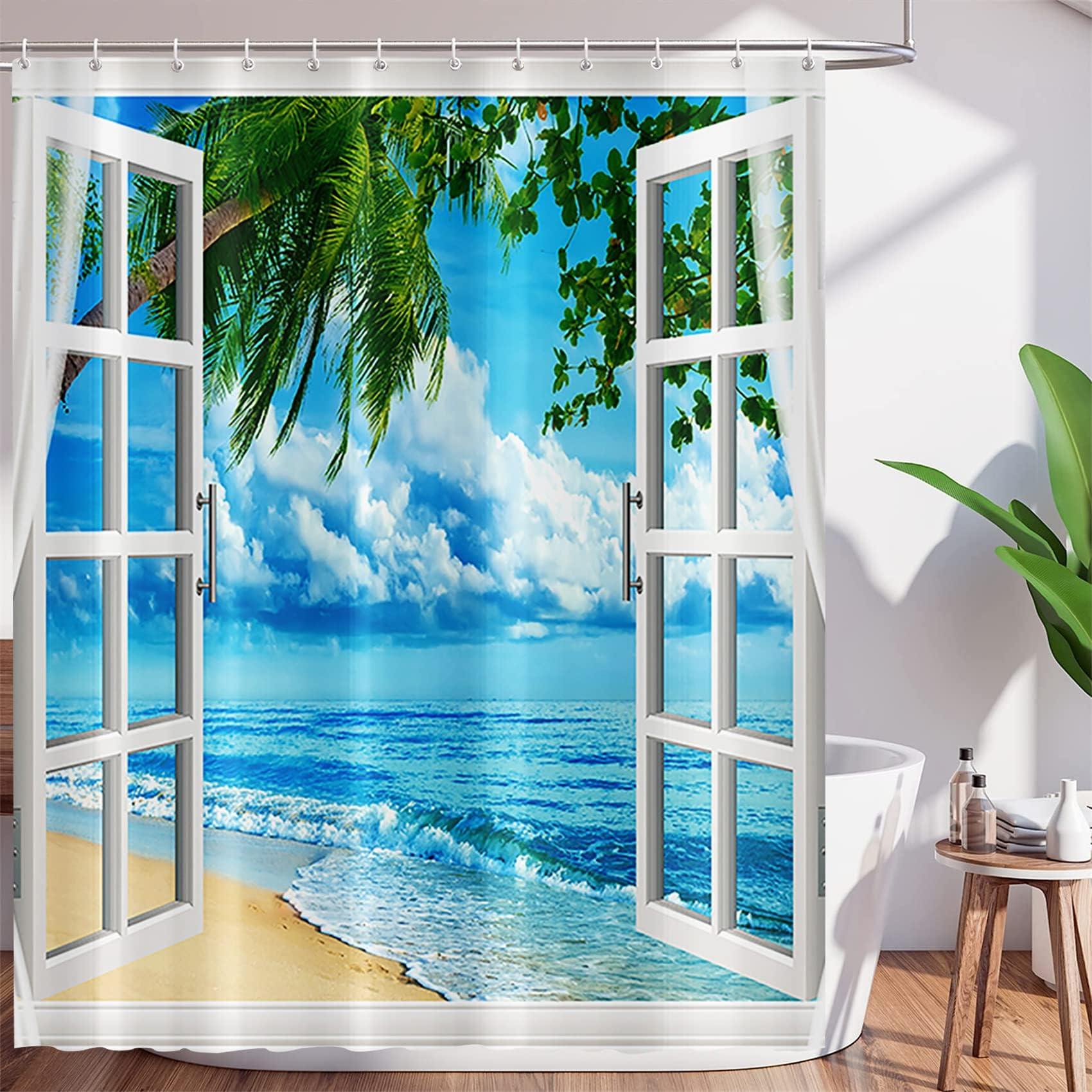 Uiyiui Multicolor-3 Beach Ocean Shower Curtain 47X71in/120X180/Wxh Tropical Seaside Scenery Hawaiian Palm Tree Wooden Window Scenery Bathroom Decor Curtains, Polyester Fabric Shower Curtains With Hooks
