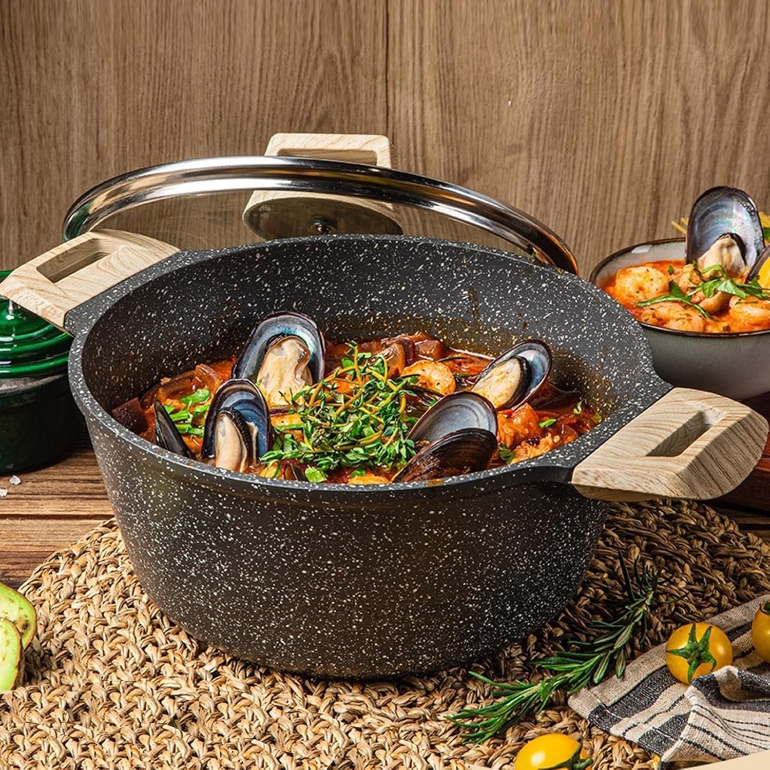 Nonstick Stock Pot with Lid, 5 Quart Granite Large Soup Pot Pasta Cooking Pot, Induction Compatible Stockpot, PTFE & PFOA Free
