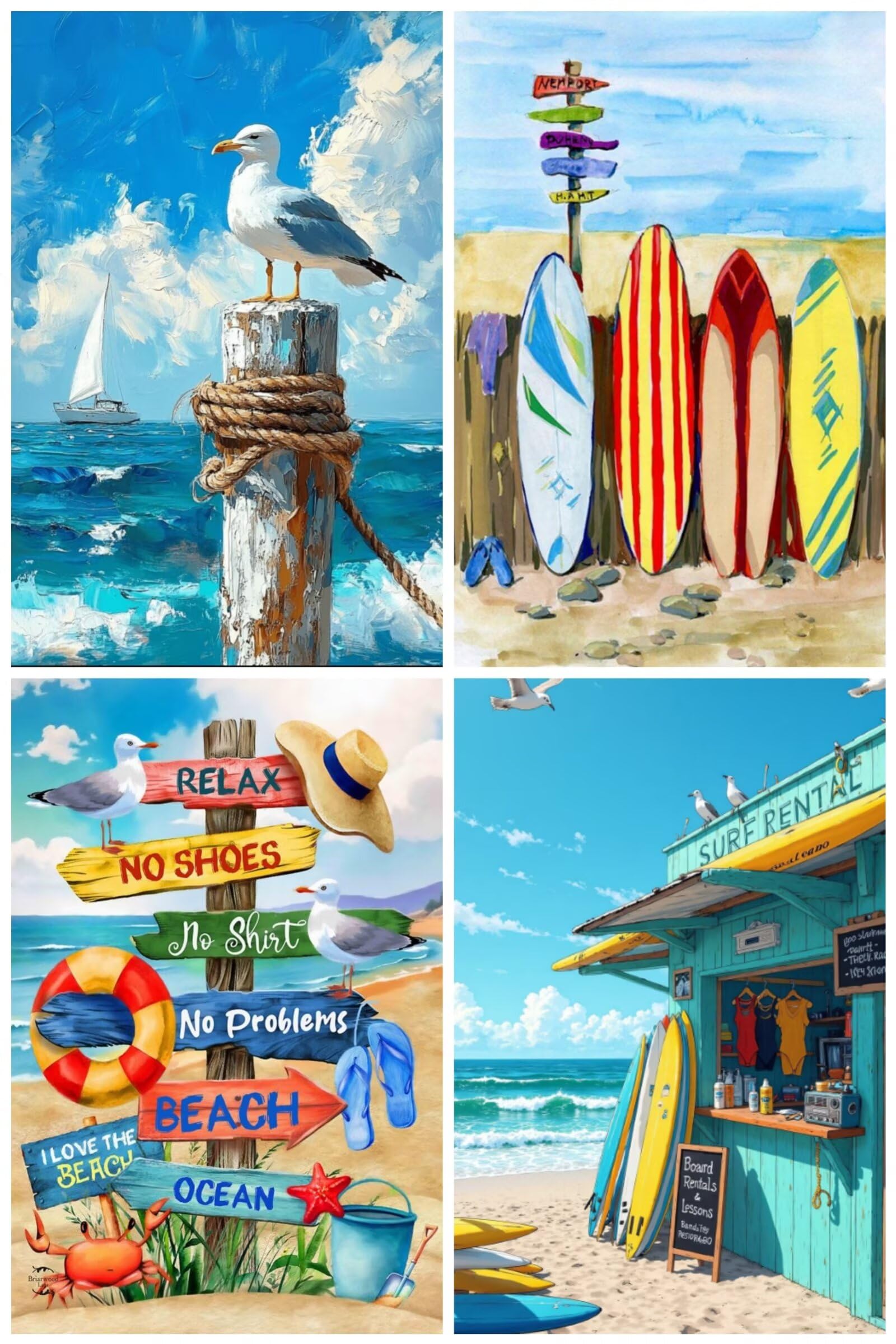 4 Pack Framed Paint by Numbers for Adult with Wooden Easel, Beach Paint by Numbers for Beginners, Coastal Seaside Acrylic Painting Kit with Frame for Stress Relief & Ocean Wall Decor 8x12 Inch
