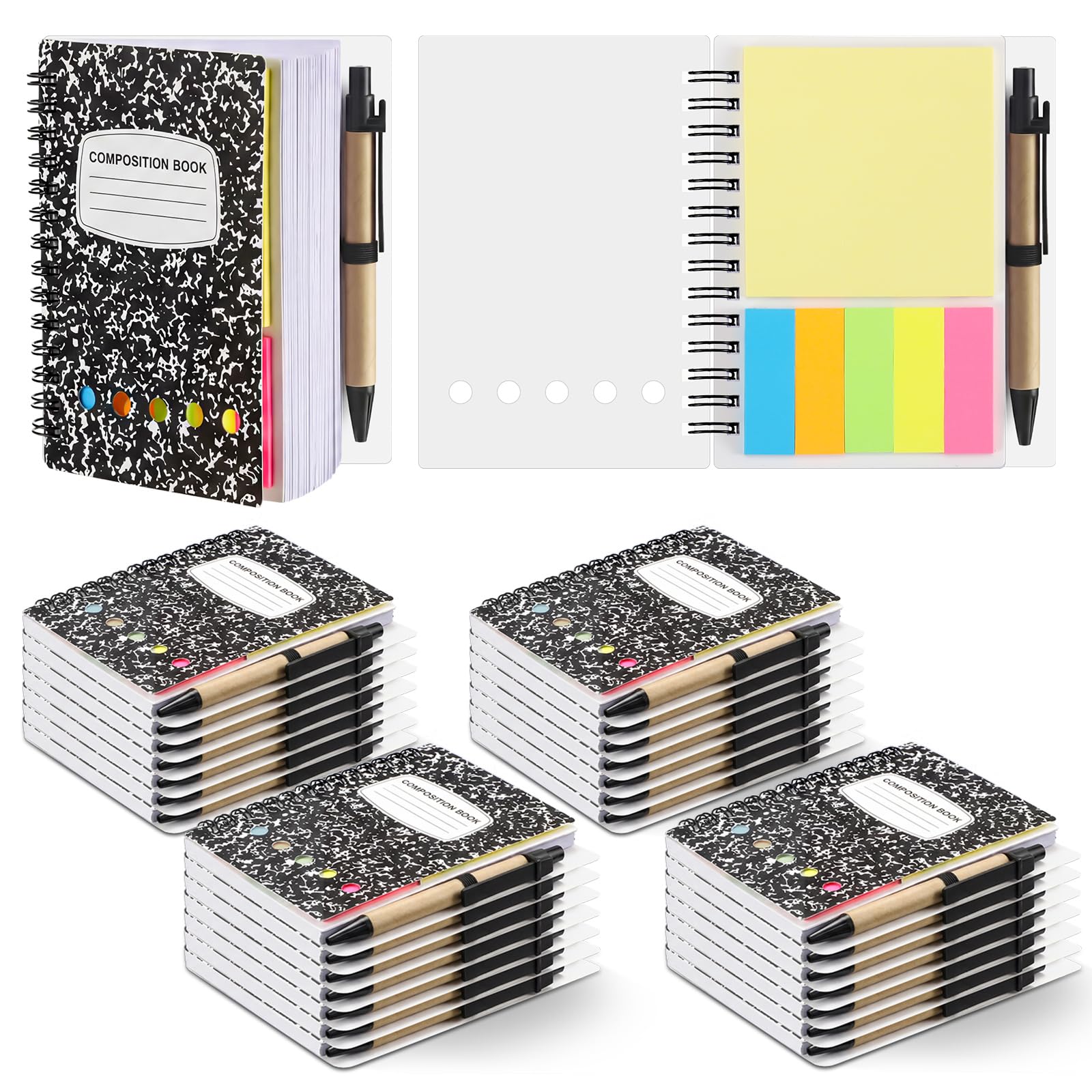 Qilery Paquete de 30 cuadernos con espiral con forro de composición, bloc de notas pequeño y bolígrafo, bloc de notas rayado, cuaderno de bolsillo negro para negocios, oficina, suministros escolares