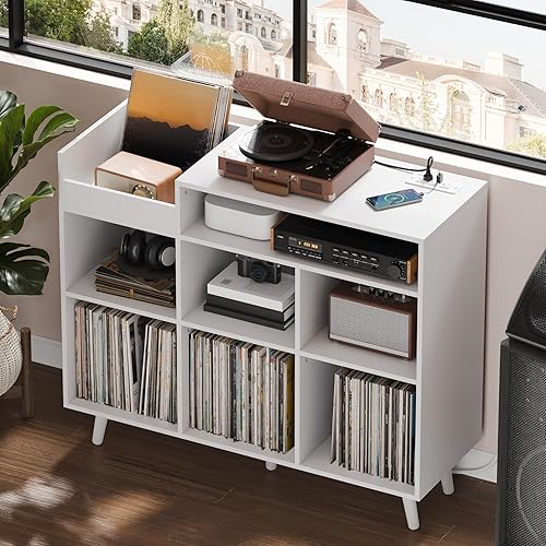 Miniatura 5 de Cozy Castle Soporte grande para tocadiscos, gabinete de almacenamiento de vinilo moderno de mediados de siglo, soporte para consola multimedia,