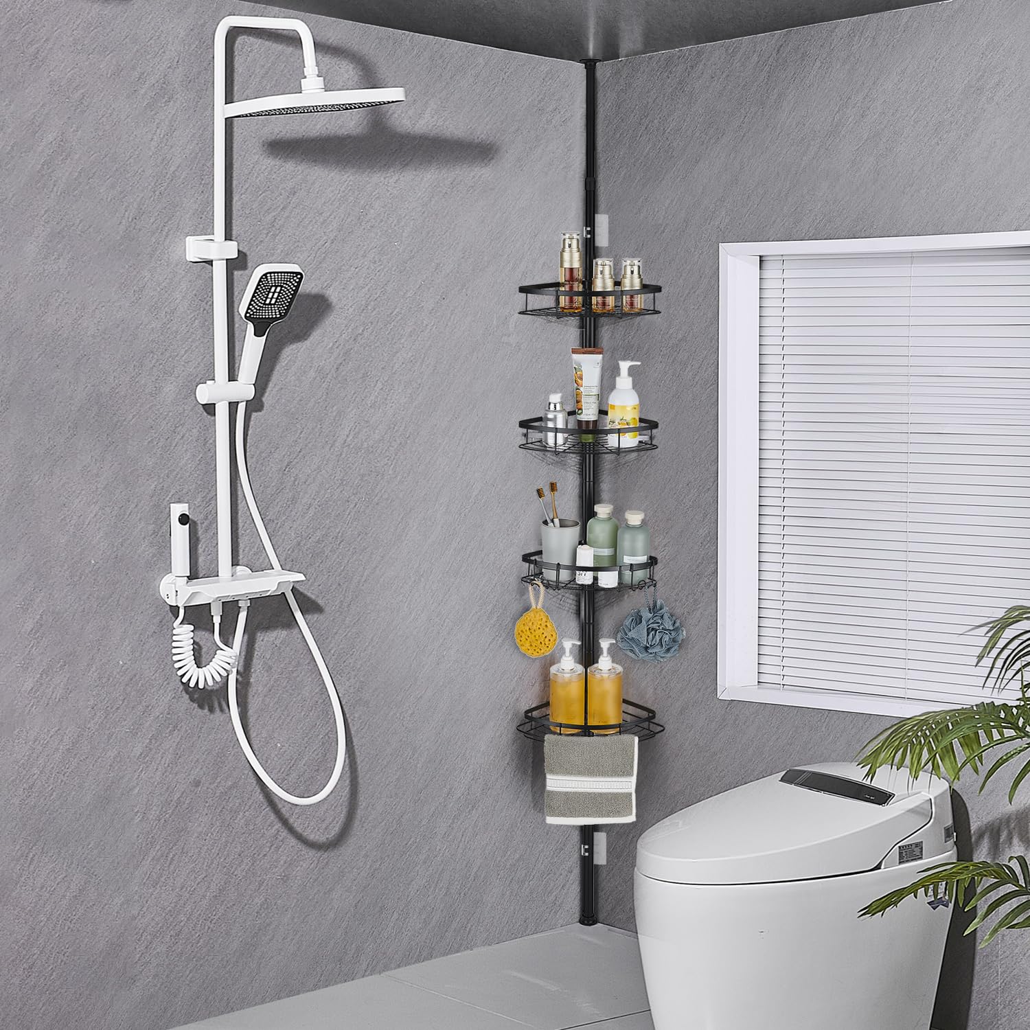 Telescopico Mensola Doccia Angolare, Portaoggetti Doccia Regolabile | Senza Foratura, Mensola per doccia in Acciaio Inox con 4 Ripiani per Vasca da Bagno, 73-265cm, Nero