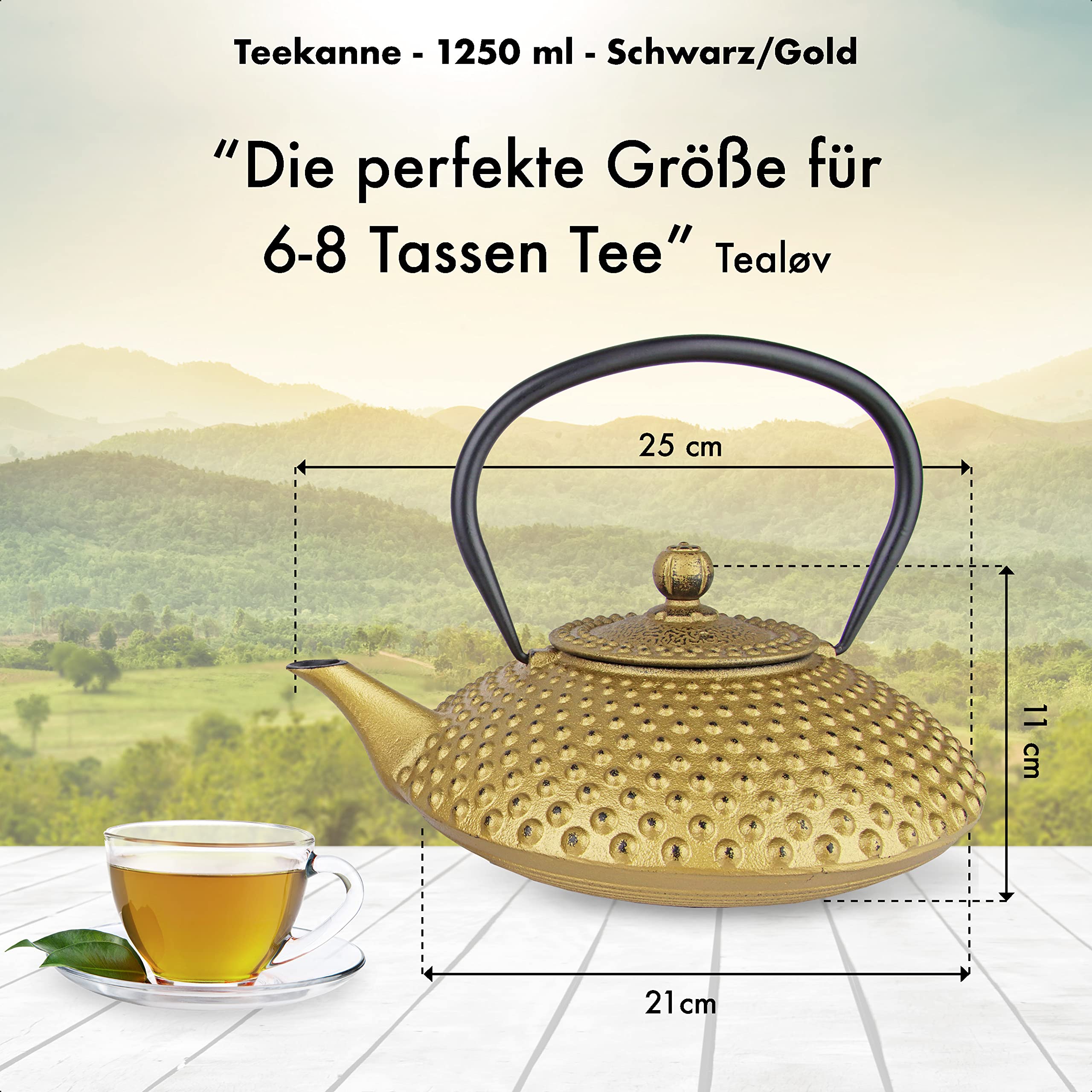 TEEKANNE GUSSEISEN 1,25 Liter | Gusseiserne Teekanne im Japanischen Stil | Gusseisen Teekanne mit Sieb aus Edelstahl | Hervorragende Wärmespeicherfähigkeit | Langlebig | Kambin | Voll Gold