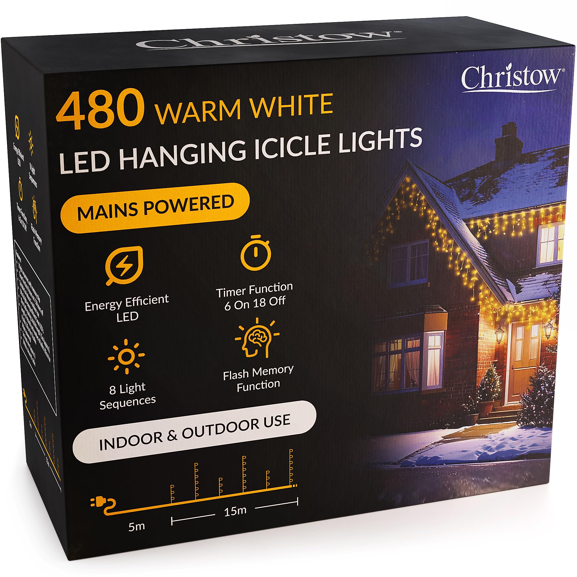 Christow Warm White Hanging Icicle Christmas Lights, 480 Led, 15M Lit Length, Indoor & Outdoor, Mains Powered With Timer, 8 Flash Lighting Modes With Memory, Fairy String Light Xmas Decorations