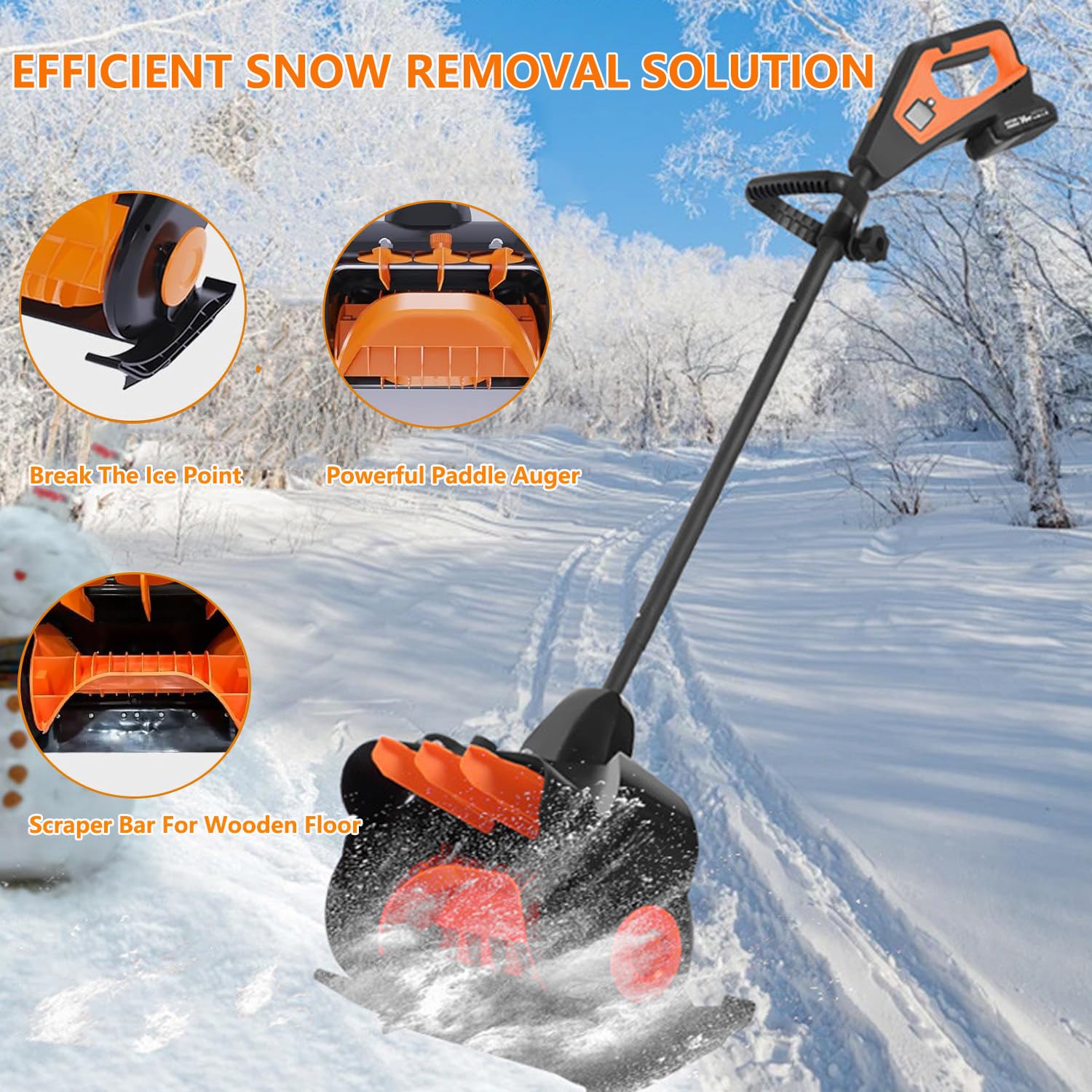 Spazzaneve Elettrico da 21 V, Pala da Neve a Batteria con 2 batterie, profondità 6'', Larghezza 16'', Distanza di Lancio 33 Piedi, 3 velocità, Display di Alimentazione a LED
