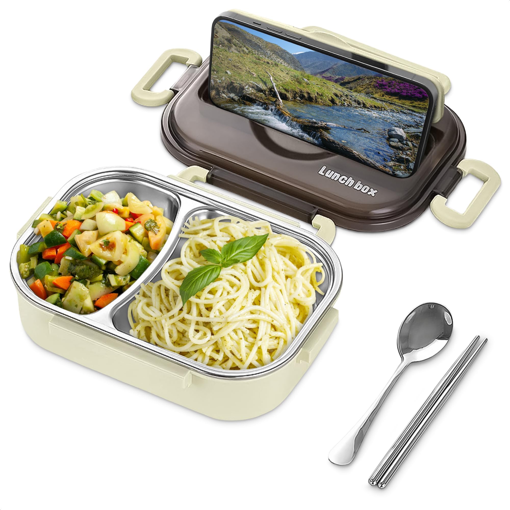Stainless Steel Bento Box for Adults - Lunch Bento Box Adult Lunch Box 2 Compartment Lunch Containers Bento Lunch Box for Adults - Insulated Lunch Containers with Spoon, Chopstick and Phone Stand