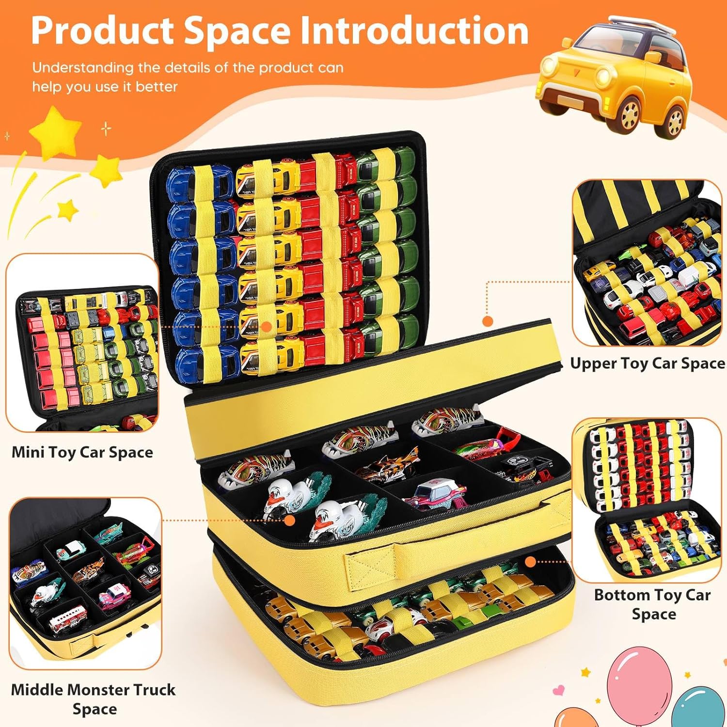 Toy Car Storage Bag Compatible with 1:64 scale HotWheels Mini Car & Monster Truck Series—Holds Up to 96 Mini Toy Cars and 9 Monster Trucks (Yellow)