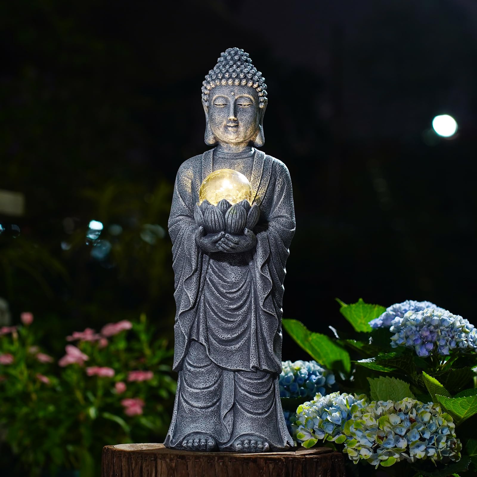 Goodeco Statue de Bouddha solaire avec boule de lotus – 47 cm Zen