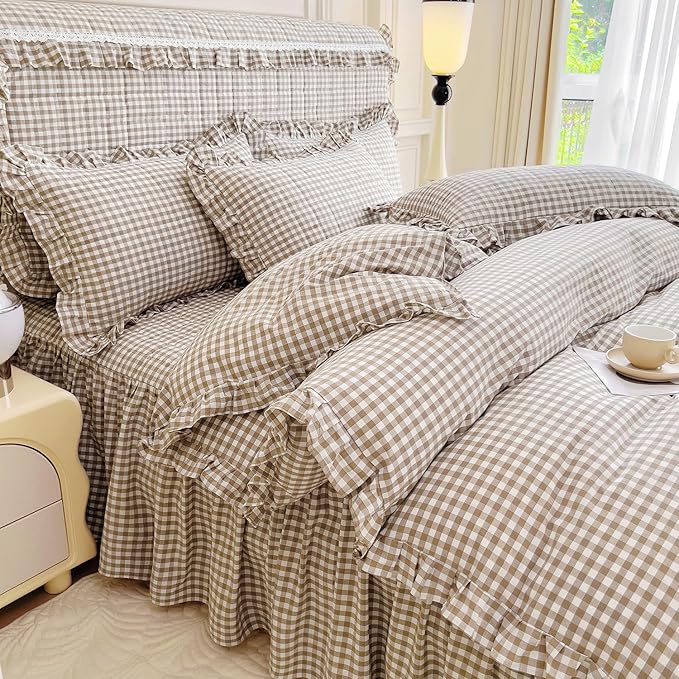 MKXI King Comforter Set - White & Tan Gingham with Ruffle Trim, 220g Feather-Light Fill, 3-Piece All Season Comforter Farmhouse Modern Cottagecore Bedding