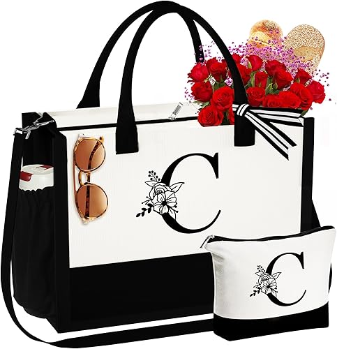 Bolsa de lona con inicial, bolsa de maquillaje, bolsa de mano con cremallera, regalos de cumpleaños personalizados de graduación para mujeres y ella
