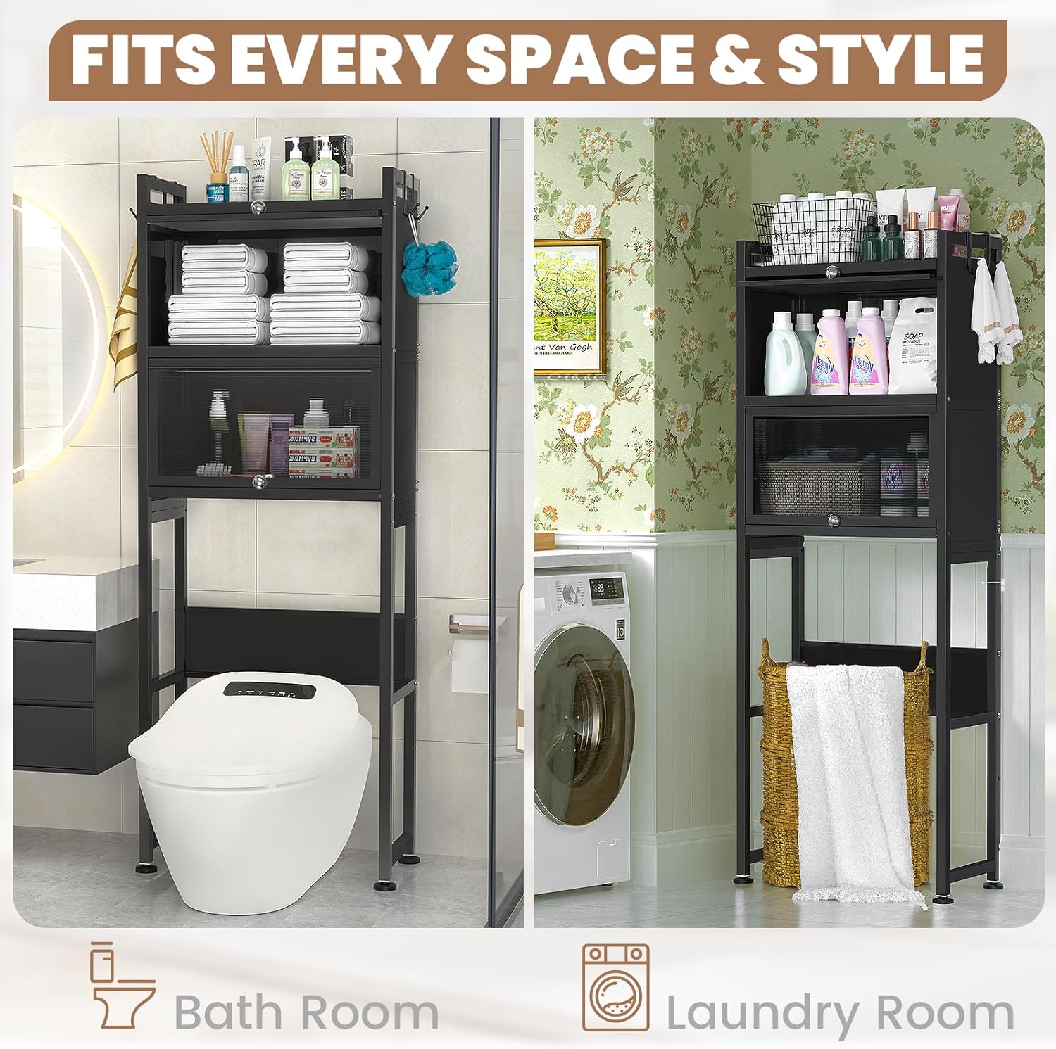 ZZL Over The Toilet Storage Cabinet,3-Tier,Bathroom Toilet Organizer,Waterproof, Cabinet Door Design,Freestanding Space Saver with 4 Hooks for Bathroom,Black