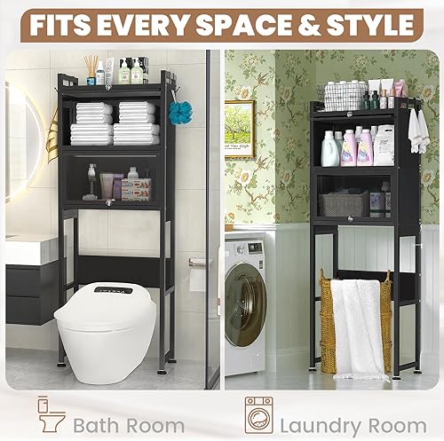 Miniatura 5 de ZZL Armario de almacenamiento sobre el inodoro, 3 niveles, organizador de inodoro de baño, impermeable, diseño de puerta de gabinete, ahorro de