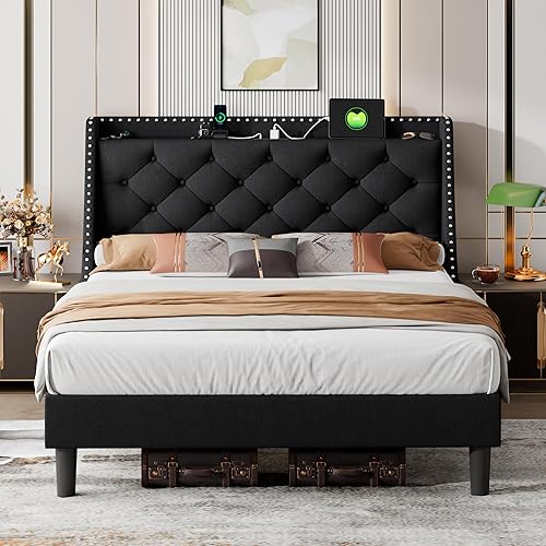 iPormis Base de cama Queen con respaldo de ala de lujo de 16 pulgadas y puertos USB y tipo C, camas de plataforma tapizadas con cabecera de