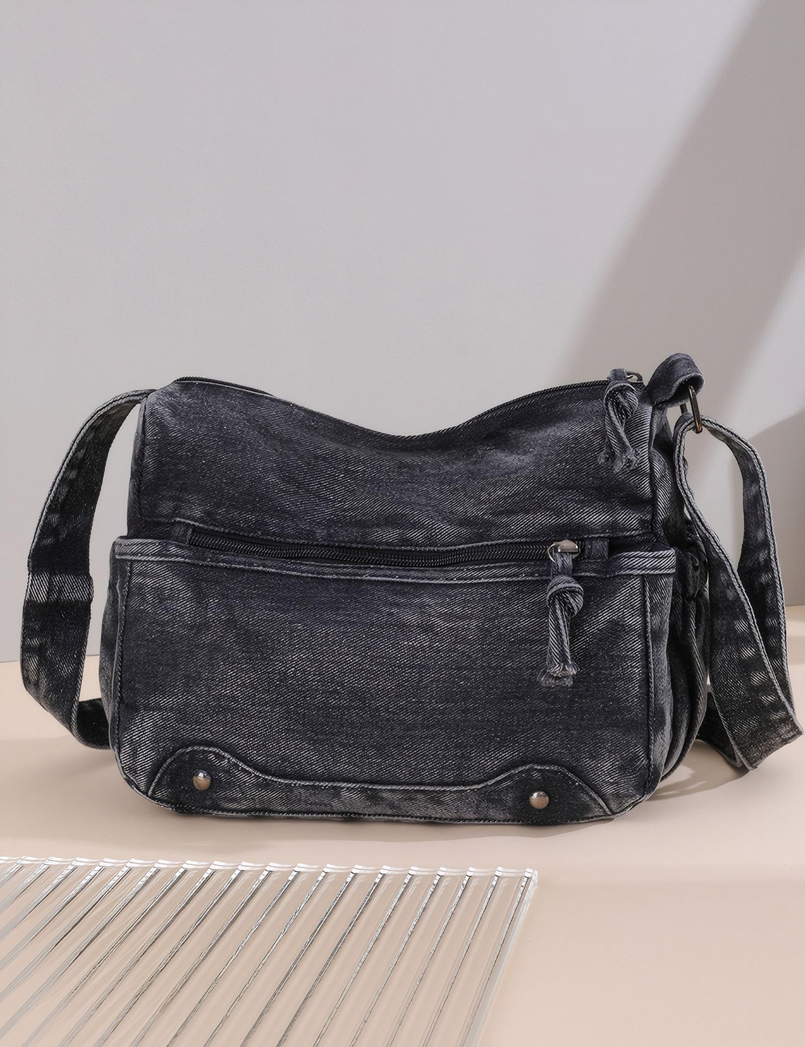 Borsa a tracolla in denim vintage da donna, tracolla regolabile, borsa a tracolla blu casual