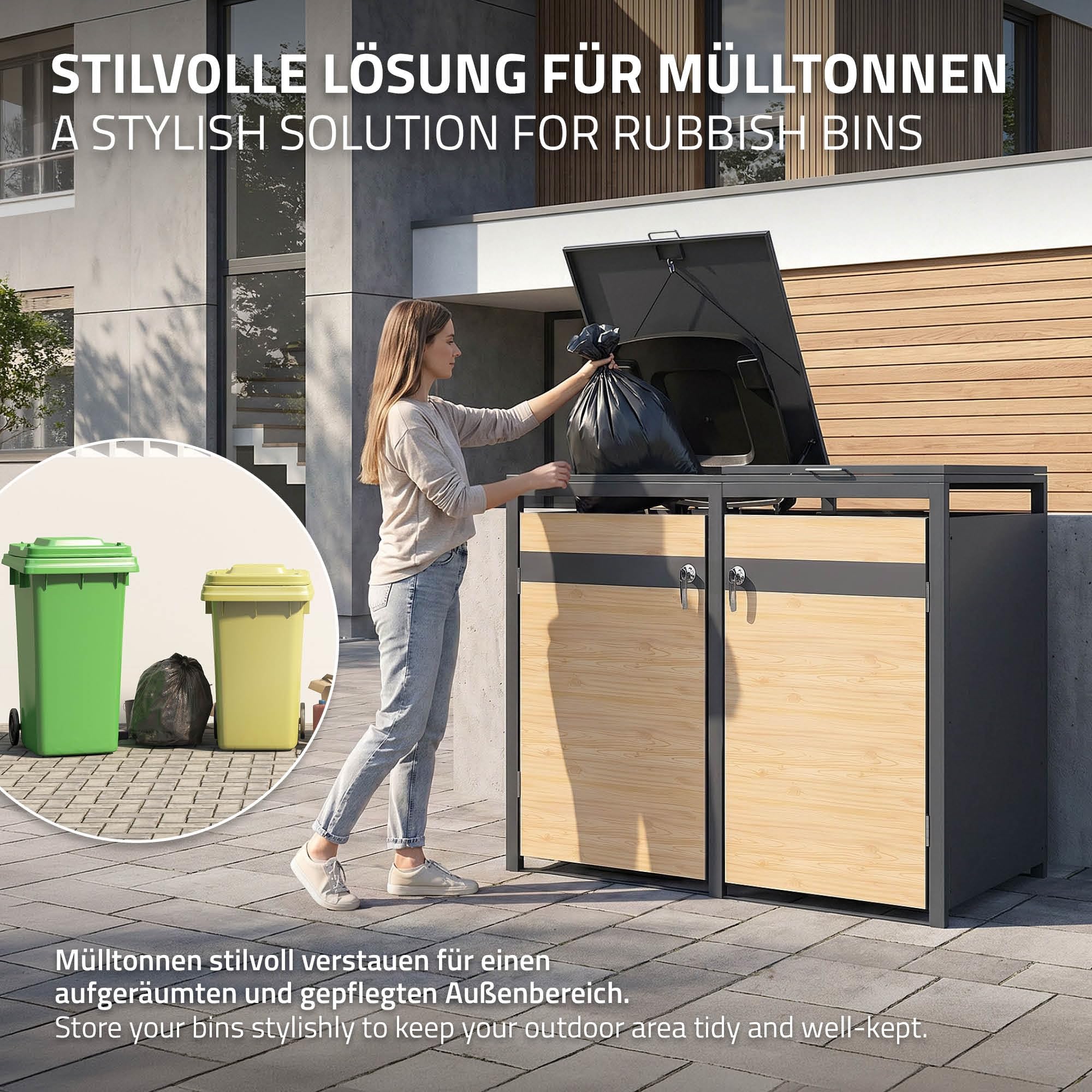 ML-Design Copribidone per Spazzatura per 2 Cestini 240L 132x80x120 cm Antracite Aspetto Larice Acciaio Contenitore per Pattumiera Copri Bidone 2 Sportelli Contenitore per Rifiuti
