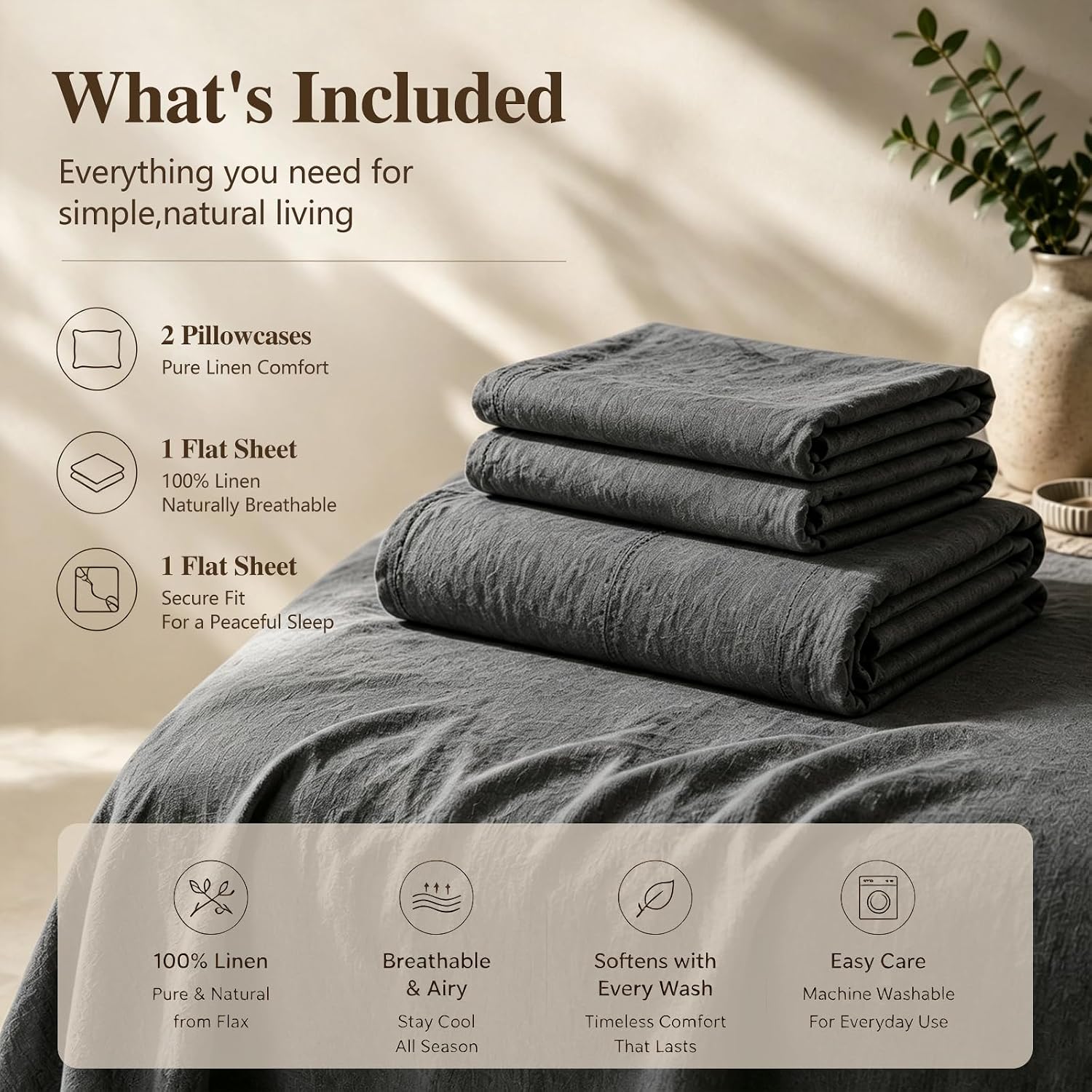 MEISHANG 100% French Linen Sheets California King,4 Pcs,18-24" Deep Pocket