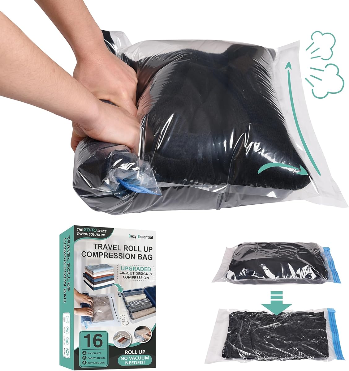 Compression Bags for Travel - Travel Essentials - 16 Pack Space Saver Bags - No Vacuum Needed - Compression Packing Bags for Cruise Accessories