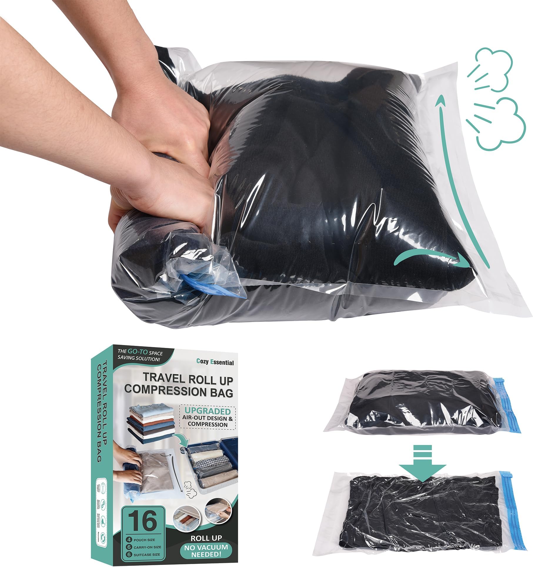 Cozy Essential Compression Bags for Travel - Travel Essentials - 16 Pack Space Saver Bags - No Vacuum Needed - Compression Packing Bags for Cruise Accessories