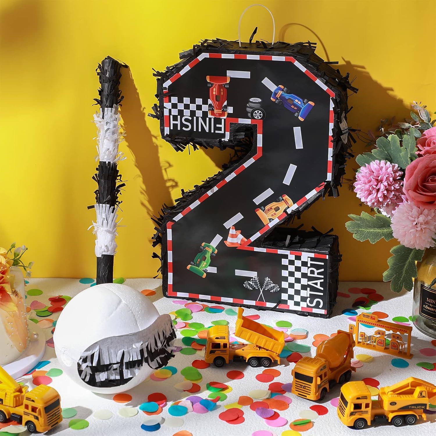 Sratte Race Car Number Piñata Small Racing Piñata with Blindfold Bat and Confetti for Boy Race Car Themed Birthday Anniversary Celebration Party Supplies, 16.1 x 10.6 x 3 Inch (number 2)