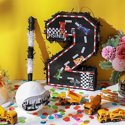 Miniatura 2 de Sratte Piñata pequeña de carreras con número de coche de carreras con murciélago y confeti para niños con temática de automóvil de carreras,