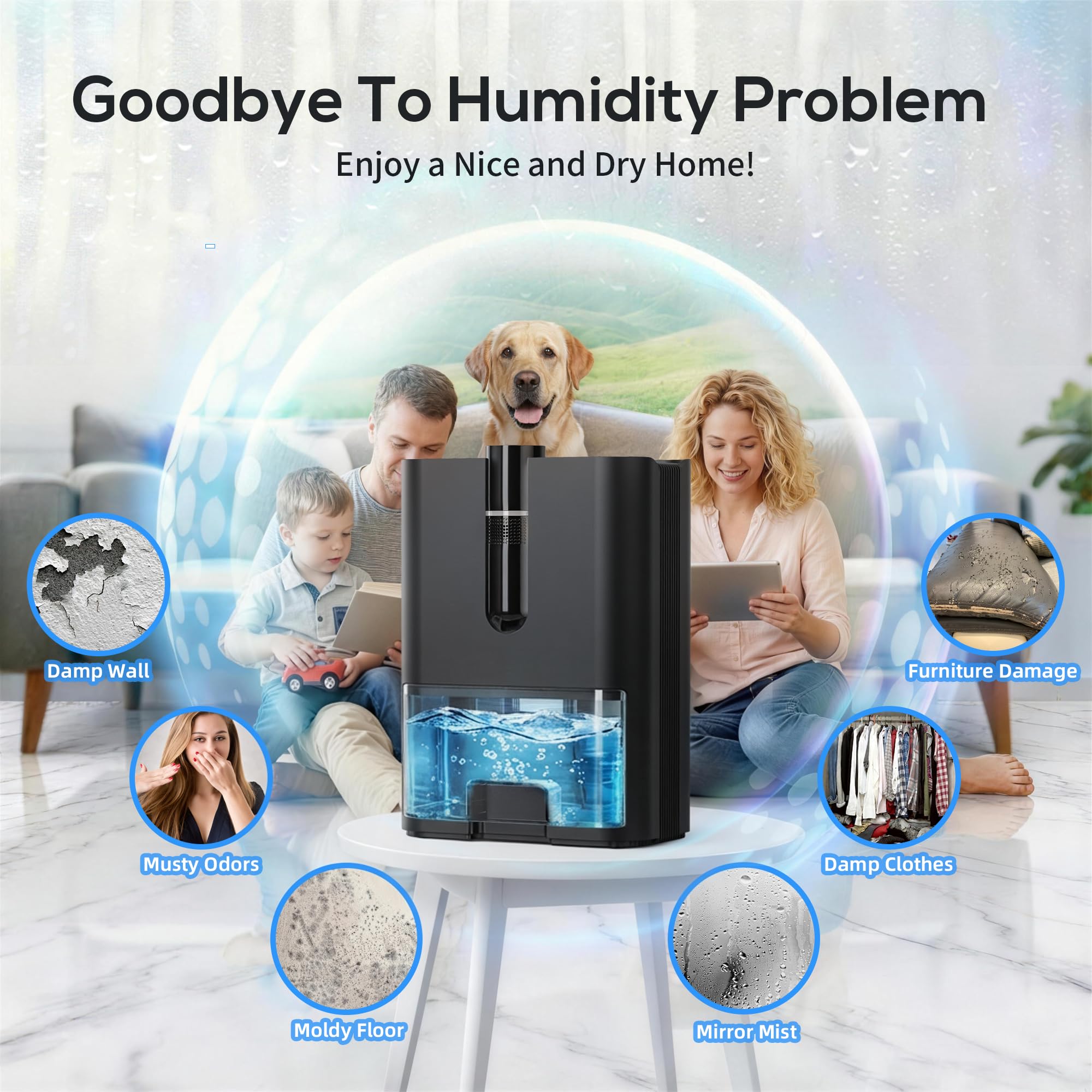 Deumidificatore Casa, 2500ML Dehumidifier per Casa Muffa, Deumidificatore Elettrico Silenzioso con Tubo di Scarico, Spegnimento Automatico, Modalità Sleep, Deumidificatori per Bagno,Camera,Armadio