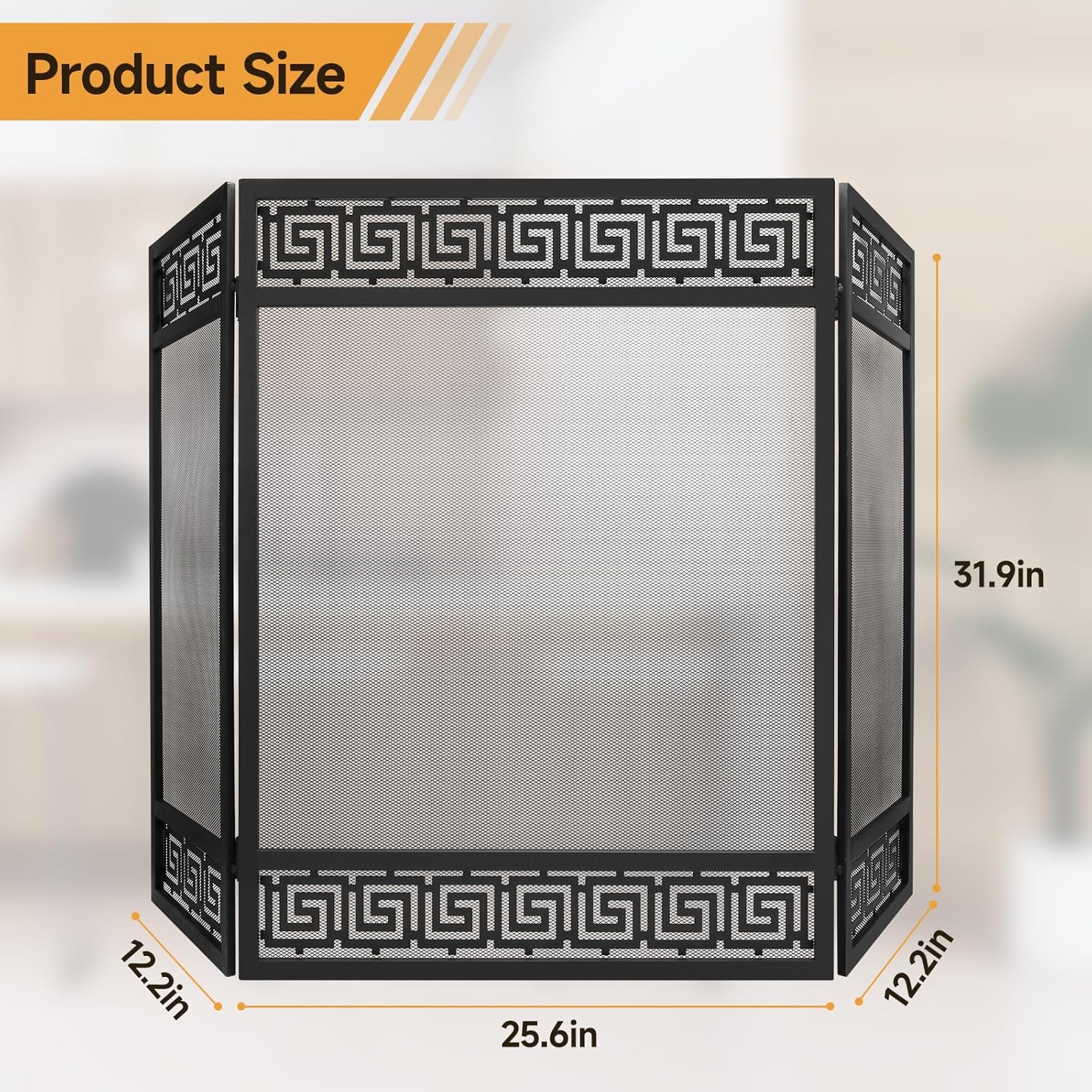 3 Panel Fireplace Screen, Extra Large Fire Place Screens Stand Alone, 50" x 32" Wrought Iron Mesh Spark Guard, No Assembly Required, Decorative Geometric Pattern, Black