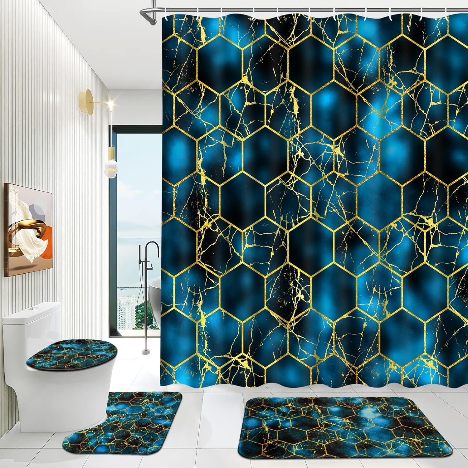 Likiyol 4 Pcs Blue Shower Curtain Sets with NonSlip Rugs