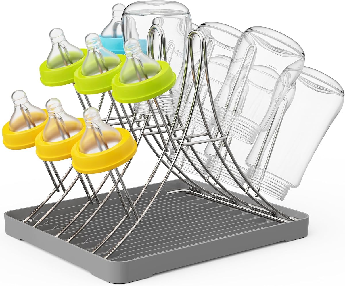 Baby Bottle Drying Rack, Space Saving Bottle Drying Tree Rack with Drainboard for Cups, Mugs and Glass, Sports Bottle, Holds Up to 15 Baby Bottles ，Foldable,Stainless Steel,