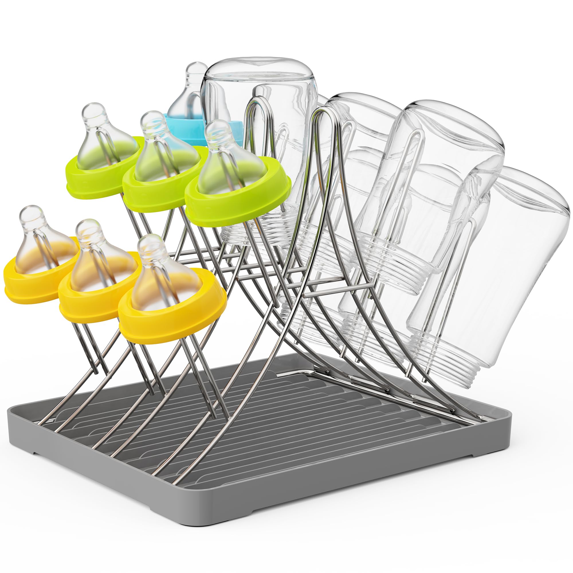 Photo 1 of Solvrix Baby Bottle Drying Rack, Space Saving Bottle Drying Tree Rack with Drainboard for Cups, Mugs and Glass, Sports Bottle, Holds Up to 15 Baby Bottles ?Foldable,Stainless Steel,
