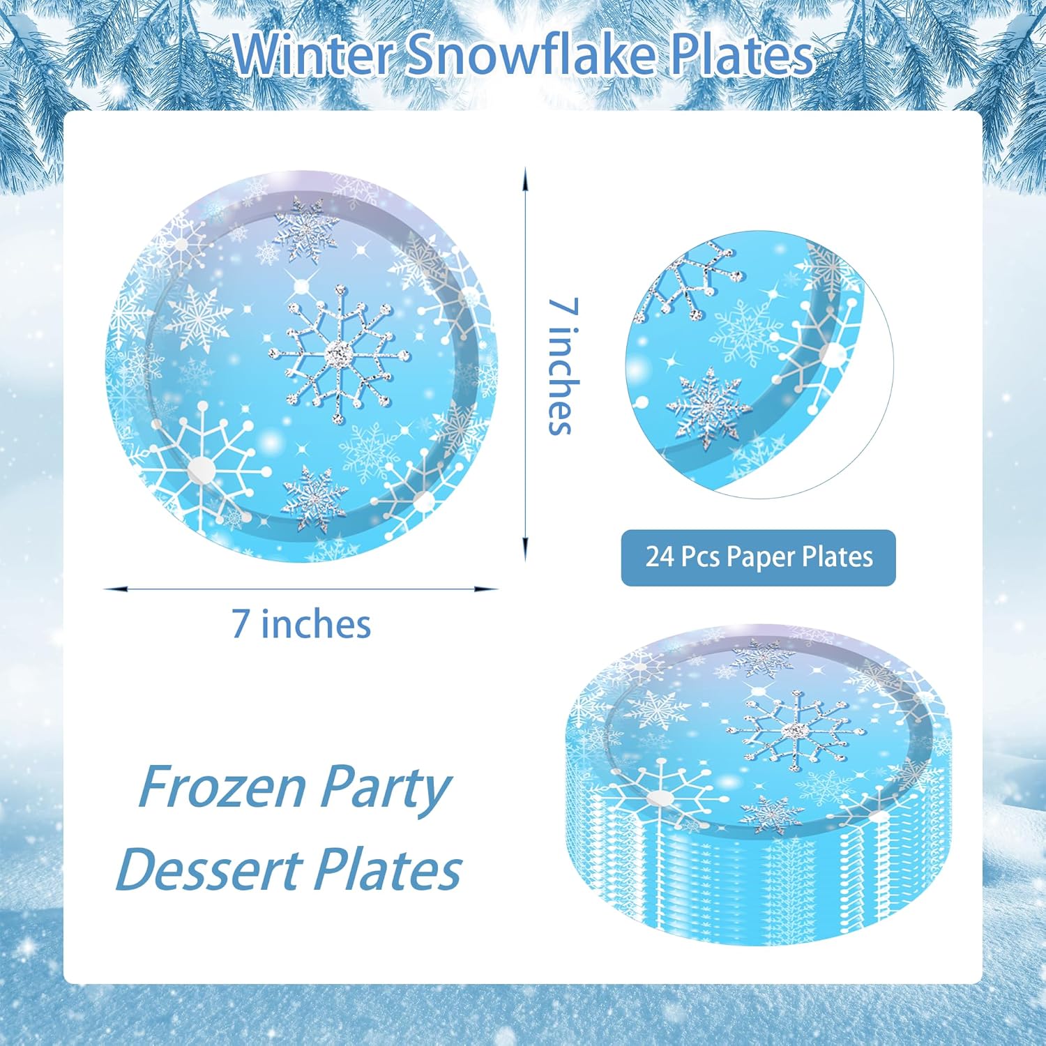 24Pcs 7" Christmas Themed Paper Plates Snowflakes Celebrate Party Tableware Snowflakes Round Disposable Dessert Paper Plates Set blue Christmas Theme Festival Party Supplies - Image 2