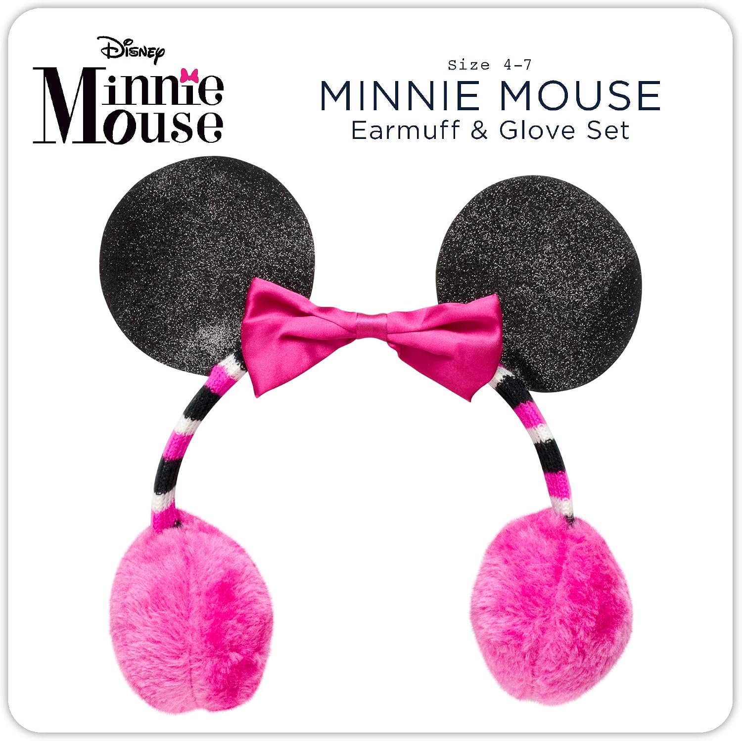 Disney Minnie Mouse 2-Piece Winter Accessory Set for Girls, Kids Earmuffs and Gloves, Size 4-7 Years, Hot Pink