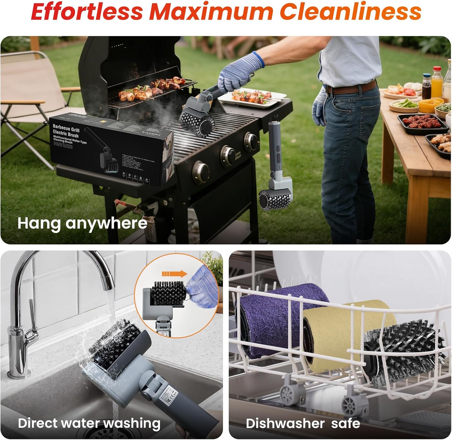 Electric Grill Brush for Outdoor Grill,3-in-1 Kit Cordless Rotary Grill Cleaner with 3-Speed Control&Angle Adjust,Safe for Cast Iron/Stainless-Steel Grates,Ideal BBQ Gifts for Men Dad