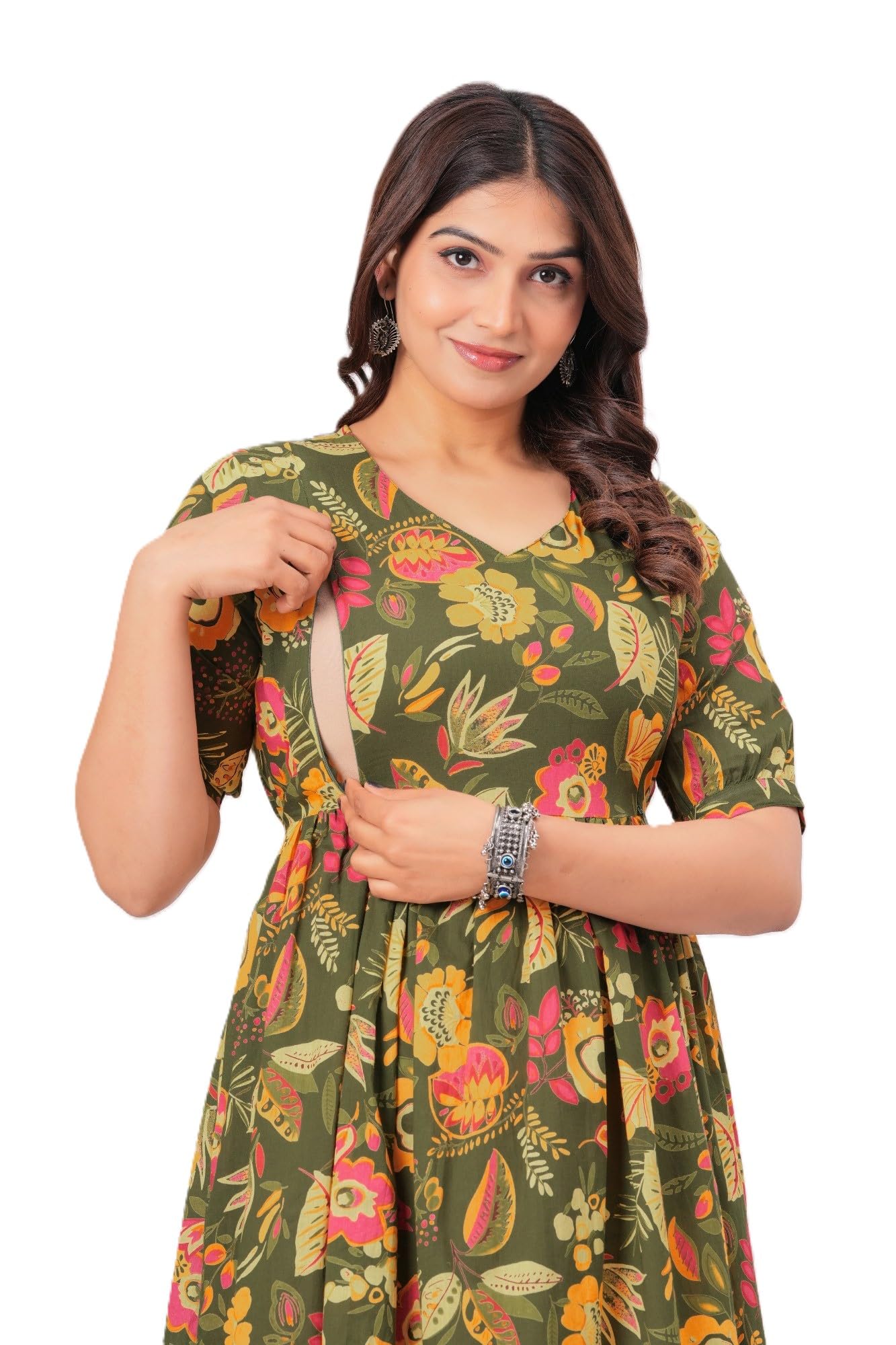 Women's Pure Cotton Floral Printed Maternity Feeding Kurti with Zipper Feeding Dress for Women Feeding Gown-image-7