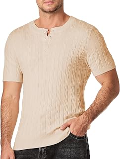 Men's Knit Henley Shirts Casual Short Sleeve Button T-Shirt Cable Knitted Polo Shirts Golf Shirt