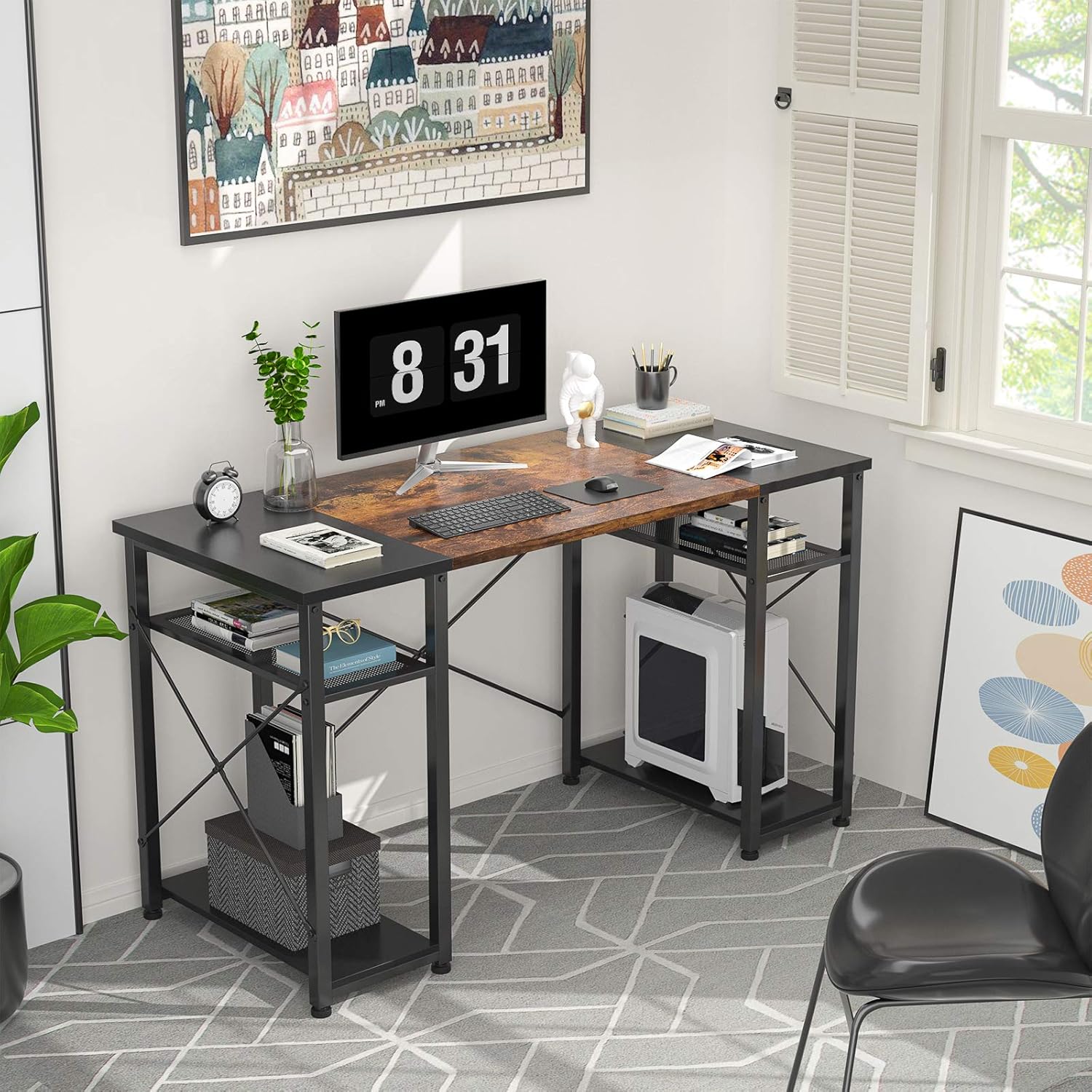 Crazy Deals Foxemart Computer Desk with Storage Shelves, 55 Sturdy Office Desk with CPU Stand, Industrial Desk Study Writing Table for Home Office, Vintage Rustic Brown and Black