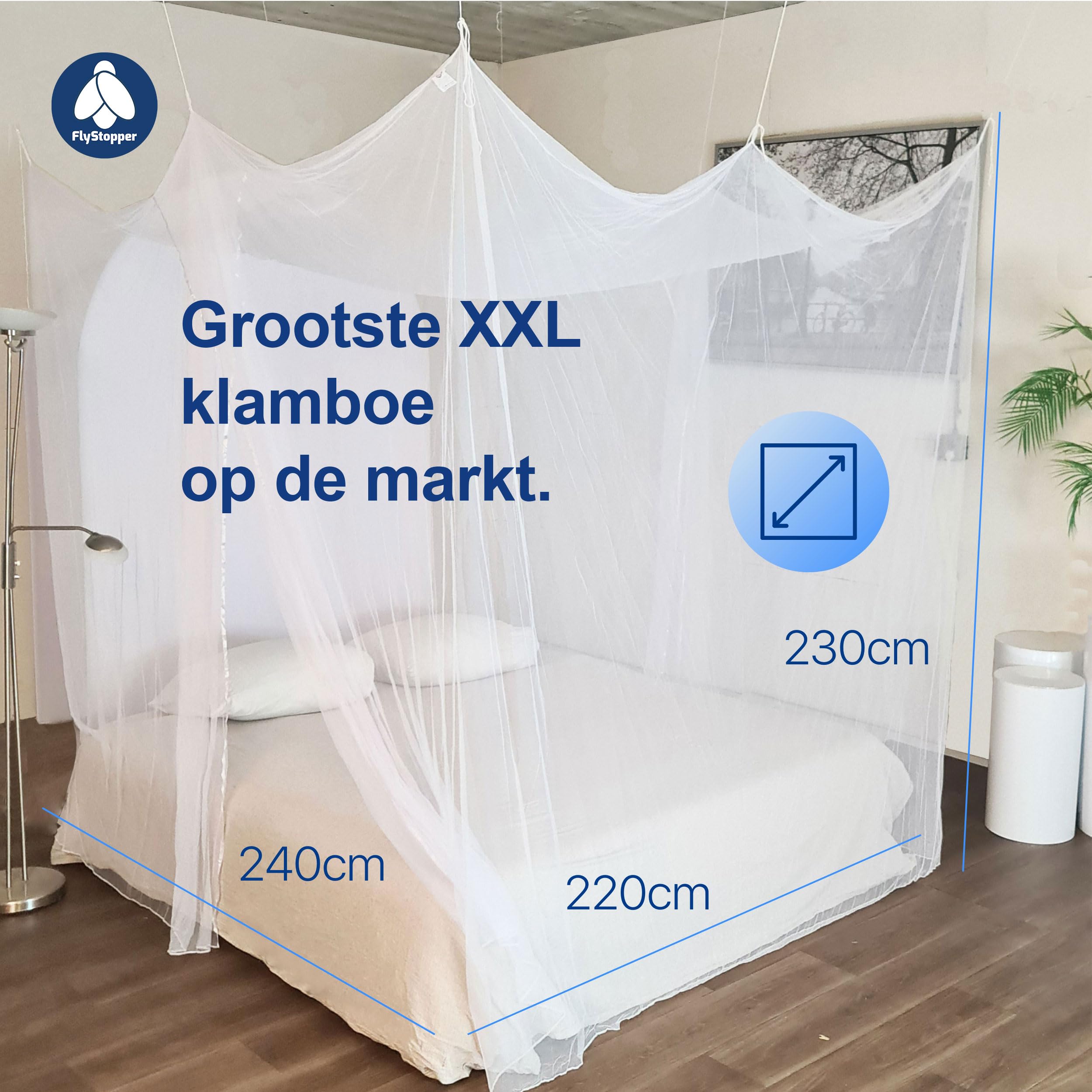 Flystopper - Mosquitera para cama doble XXL, 240 x 220 x 230 cm, mosquitera XXL para cama, agujeros finos, cortina rectangular de viaje, mosquitera, 2 entradas, fácil instalación, bolsa de transporte