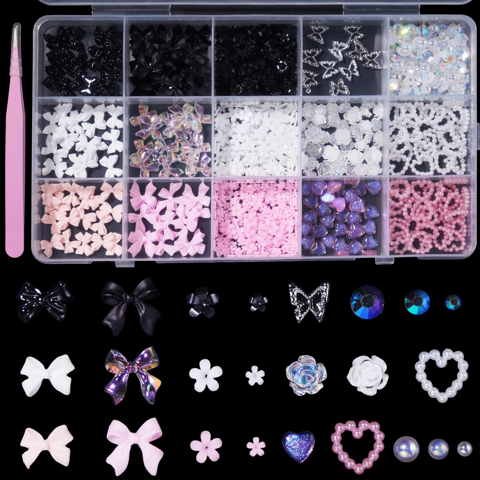 3D Bows Heart Flower Nail Charms, Flower Nails Bow Charms for Nail Art, Cute Heart Pearls Nail Art Charms, Silver Butterfly Nail Gems Charms for Nail Art DIY Supplies