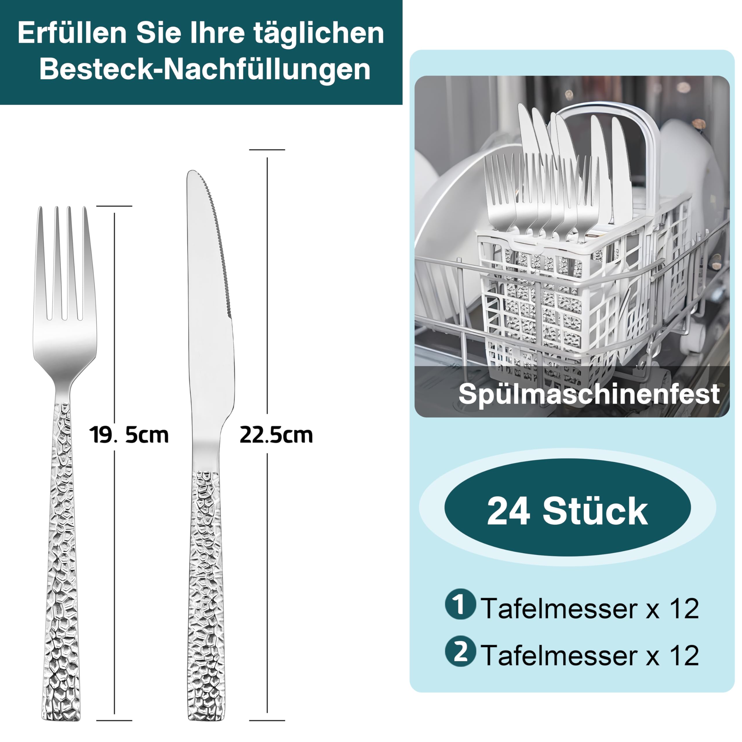 HaWare Couverts à steak pour 12 personnes, 24 pièces, couteau et fourchette de table en acier inoxydable, couteau et fourchette avec poignée marteau pour steak/pizza, passe au lave-vaisselle