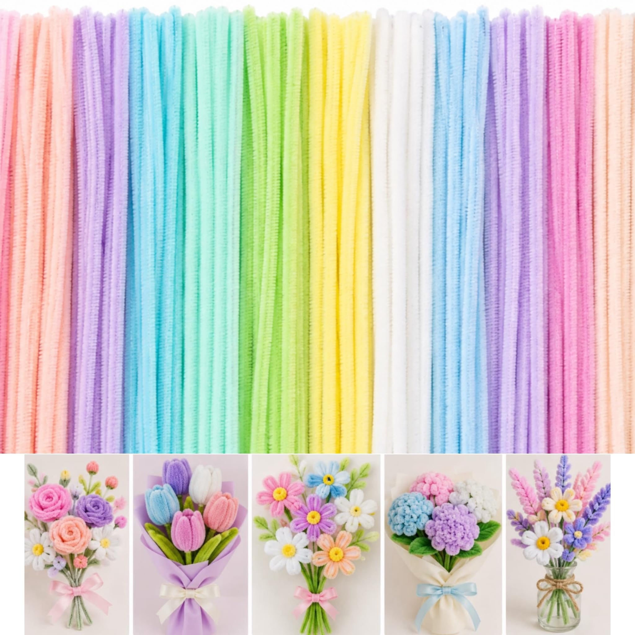 Premium 100 Pcs Pipe Cleaners for DIY Craft Flowers Bouquet Fuzzy Chenille Stems & Fluffy Sticks for Arts & Crafts, Creative School Projects, Kids Craft Supplies, Home & Party Decor (Pastel Colours)-image-20
