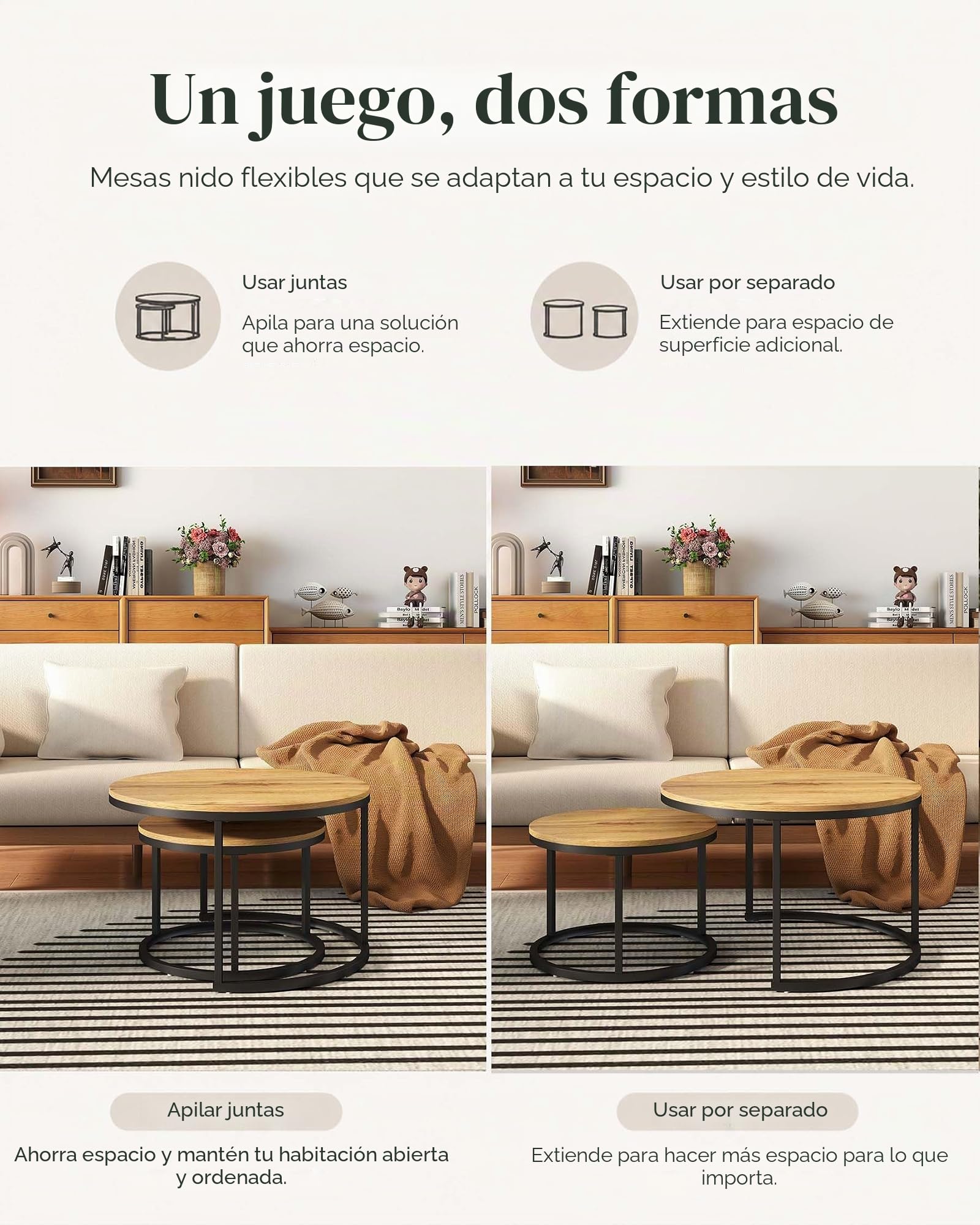 Juego de 2 Unidades Mesas Nido Salon, Mesa de Centro Redonda con Patas de Metal Negro, Mesa Centro Madera, Mesa Auxiliar Salon, Mesas Centro Salon