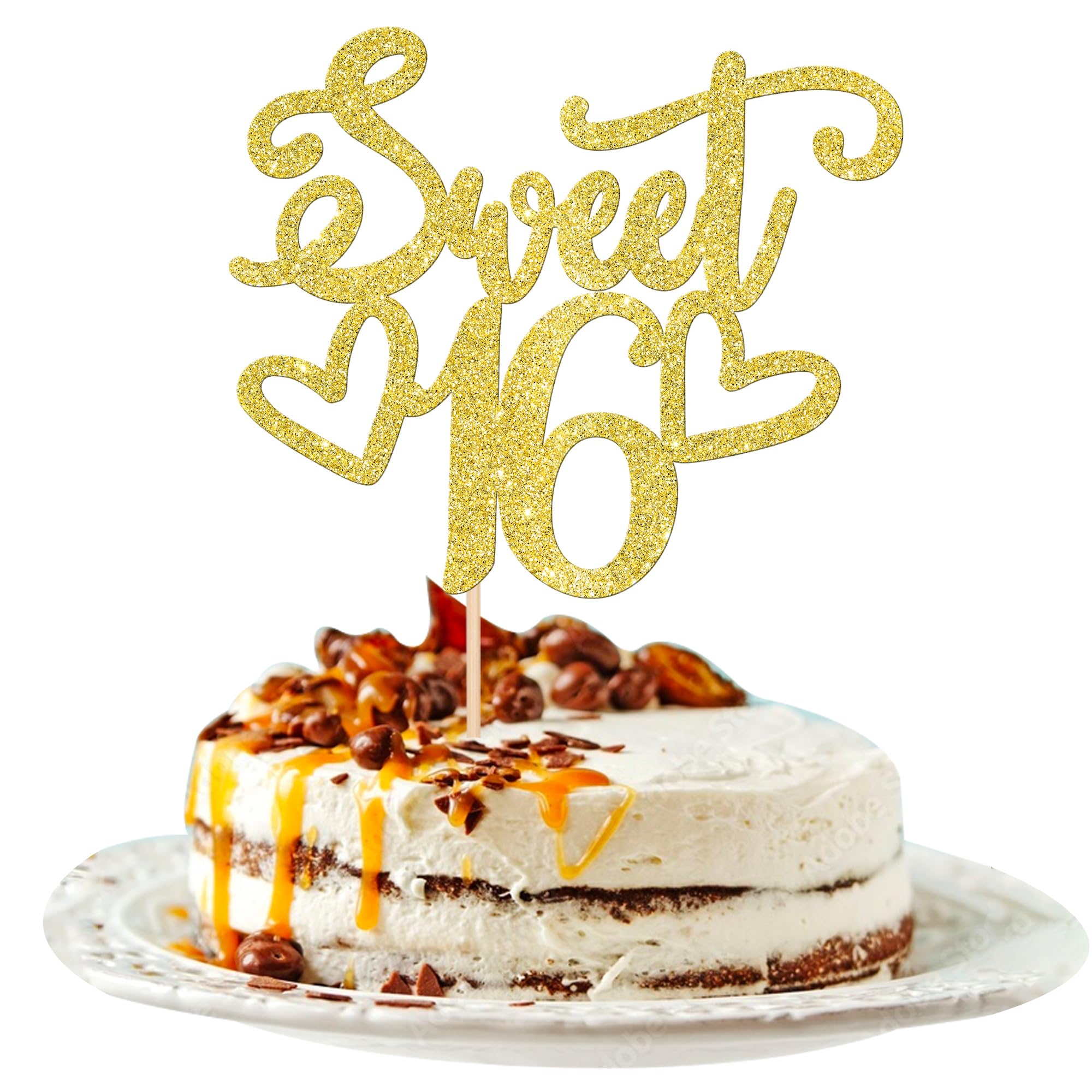 1 PCS Sweet 16 Cake Topper with Heart Glitter Happy 16th Birthday Cake Pick Hello 16 Cheers to 16 Years Birthday Cake Decorations for Happy 16th Birthday Anniversary Theme Party Supplies Gold