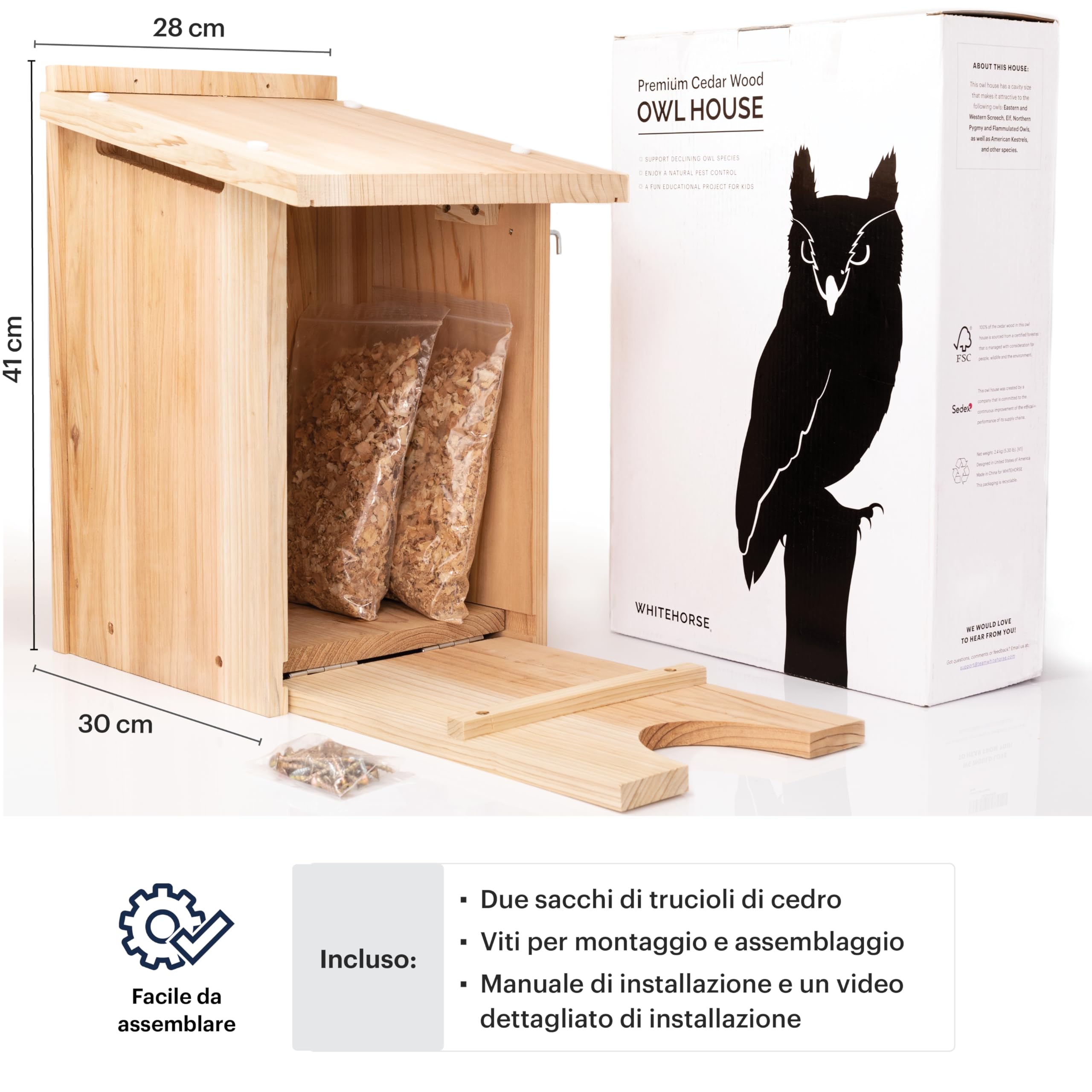 WHITEHORSE Grande Casetta per Gufi - Legno di Cedro Premium - Design Impermeabile - 41 x 30 x 28 cm - Una Casa di Nidificazione per Diversi Specie di Gufi Europei