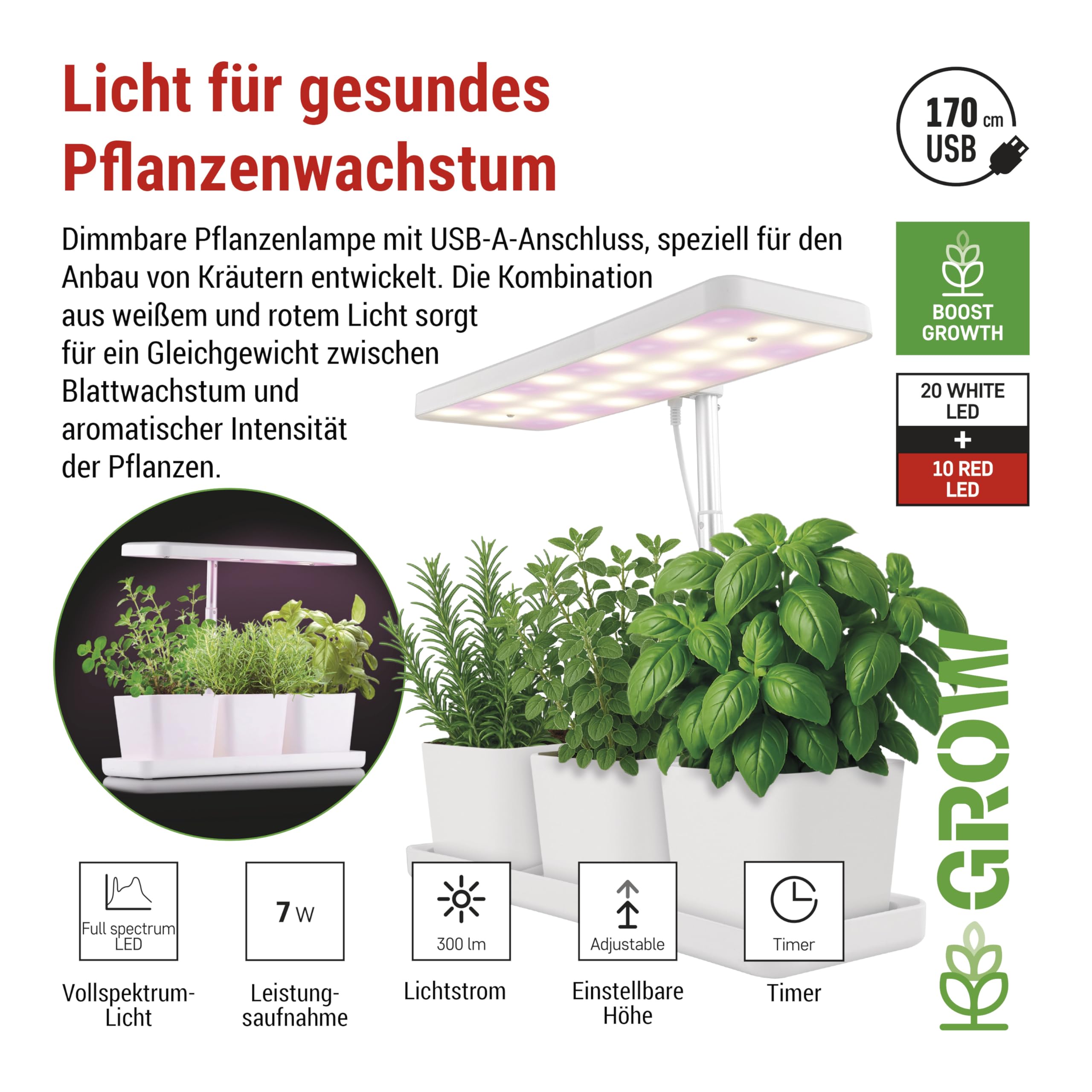 EMOS - Lampada a LED per coltivazione di erbe e piante da interno - Lampada per la crescita con 3 vasi da fiori e timer, regolabile in altezza - Luminosità 300lm - Cavo di ricarica USB-A da 1,7 m